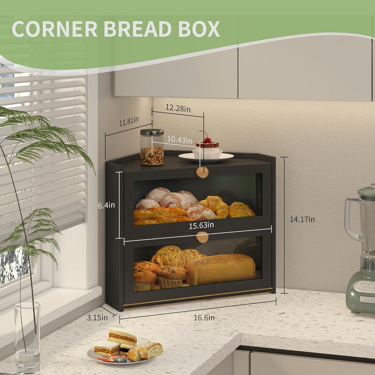 JANSNIMEN Corner Bread Box for Kitchen Countertop Bamboo Bread Holder | Large Capacity Bread Container Storage Wooden