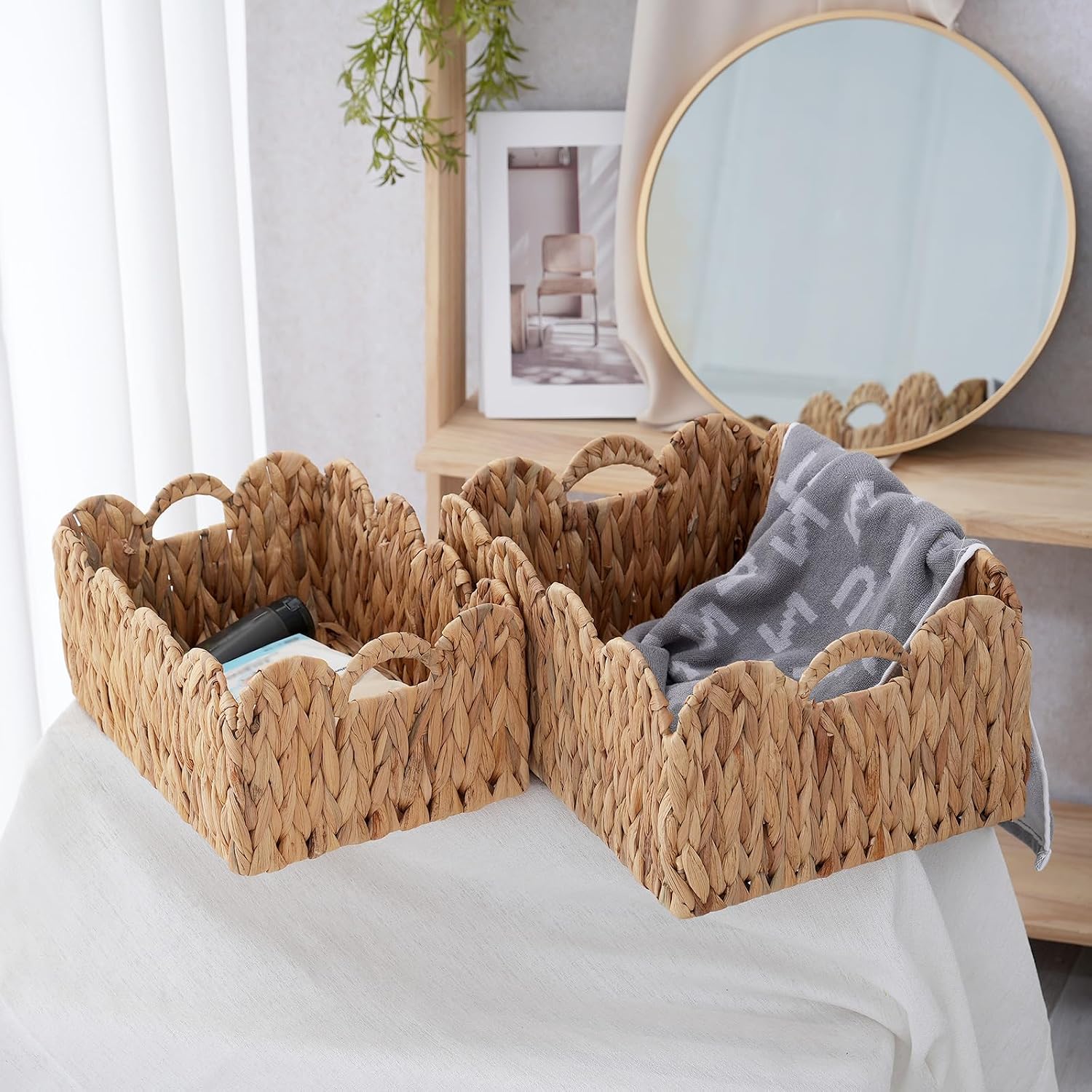 Wicker Baskets / Large &Small Woven Storage Basket / 2PC / Wave / 15 Inch / Set of 2