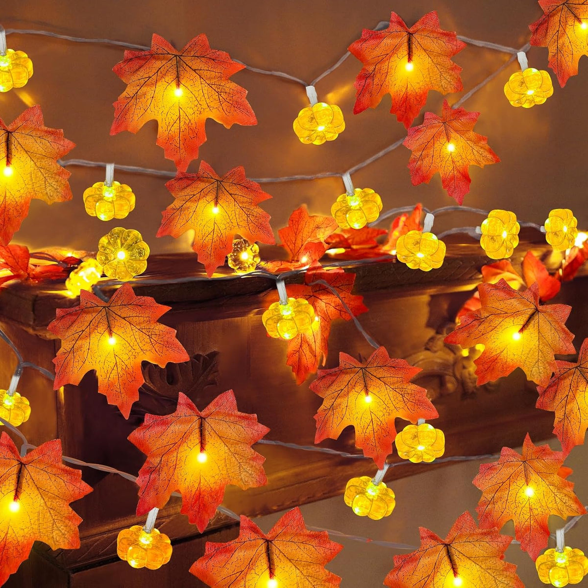 Timer - 2 Pack Fall Decor Fall Garland with Pumpkin Lights Battery Operated