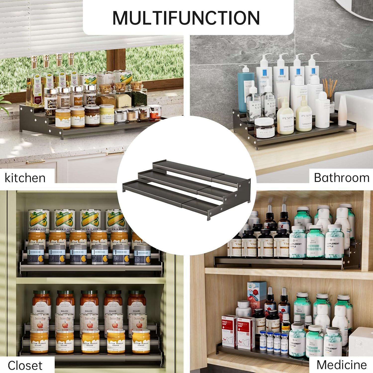Expandable Carbon Steel Spice Rack Organizer for Pantry, Adjustable 3-Tier Ladder Shelf,Holds Up to 24 Cans,Kitchen
