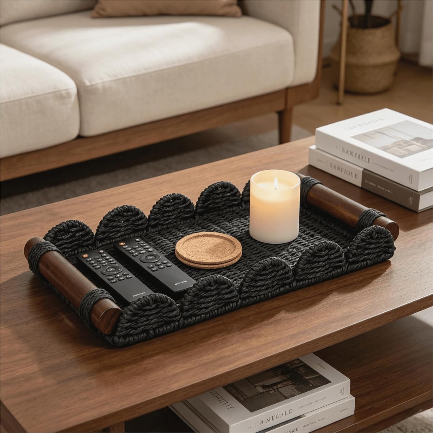 Scalloped Decorative Tray w/Wood Handle for Counter / Black / 13 x 6.3 x 1.6