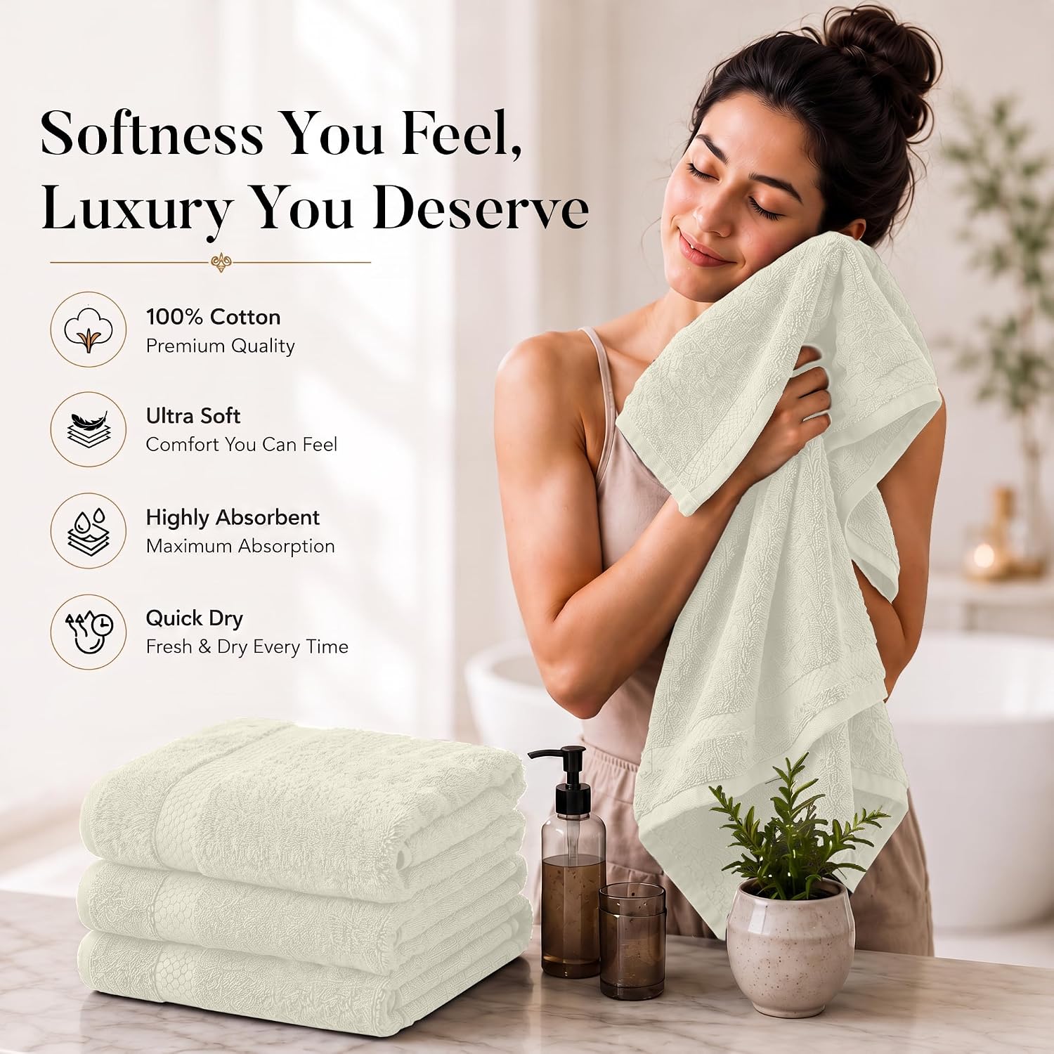 DAN RIVER 600 GSM Cotton Large Bath Towels Set of 4, 27 x 54 Inches, Ivory | Larger & Lighter Weight Towels for