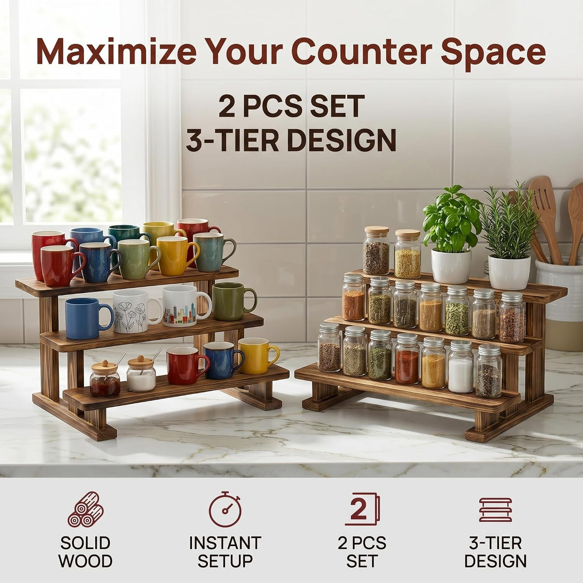 2 Pack 3 Tier Coffee Mug Display Shelf, Wooden Mug Organizer | Mug Display Shelve Coffee Station Organizer Display Rack