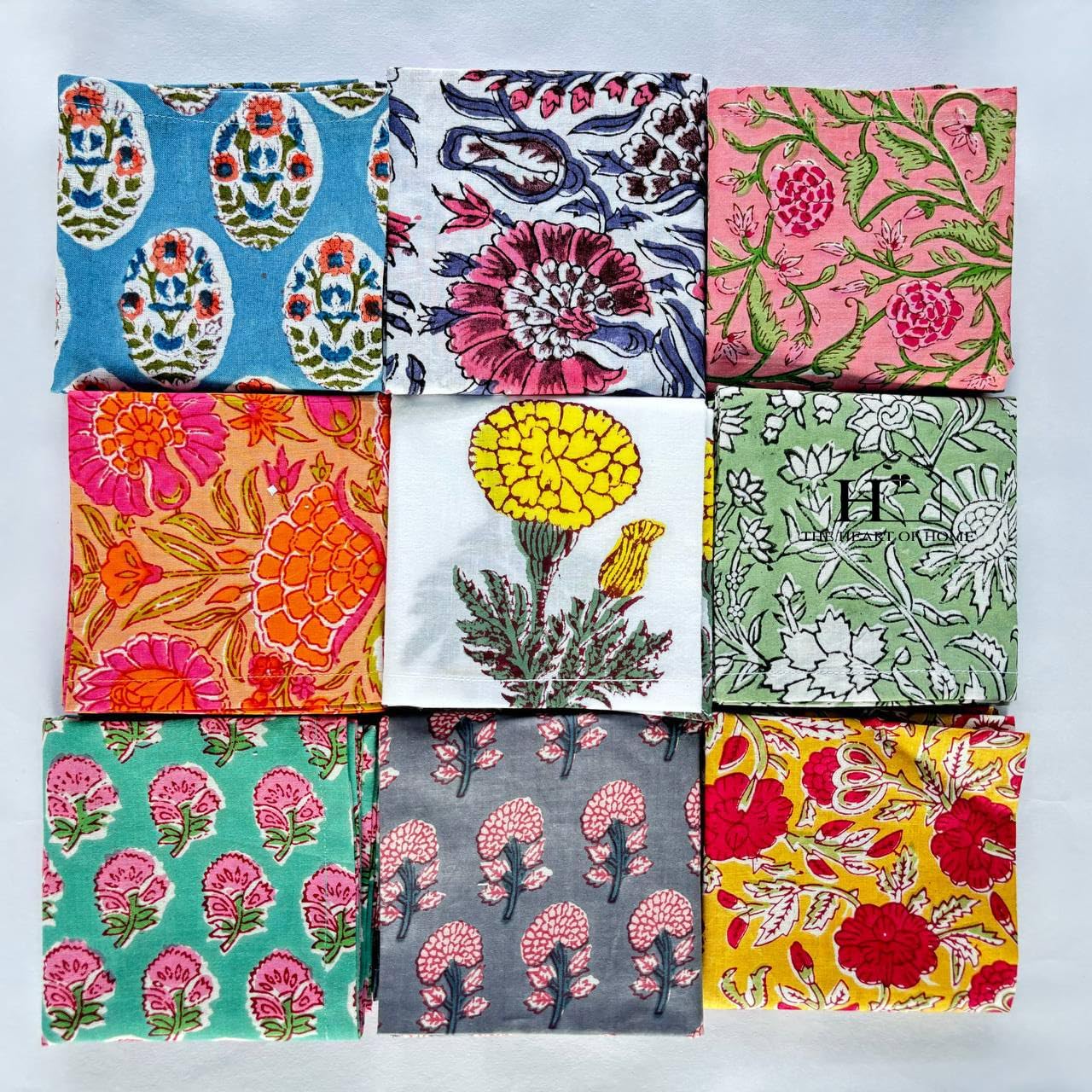 Assorted Mix and Match Hand Block Floral 100% Cotton Cloth Napkins Perfect for Kids,Wedding Events,Home Parties and