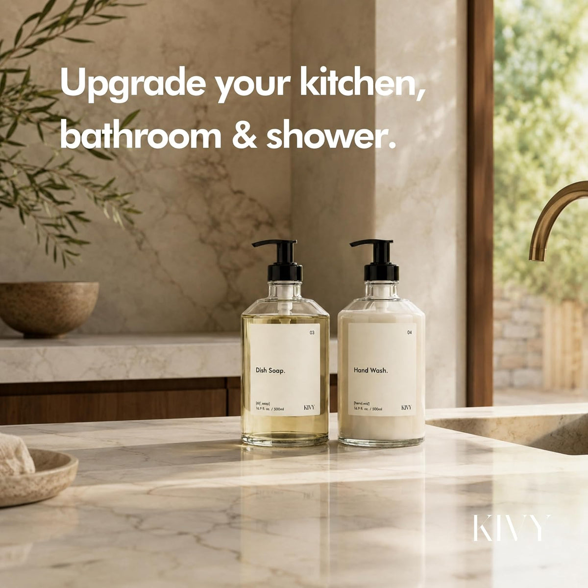 KIVY Glass Soap Dispenser Set 2X 16oz - incl. Waterproof Labels - with Pump | Glass Soap Dispenser with Pump - Hand