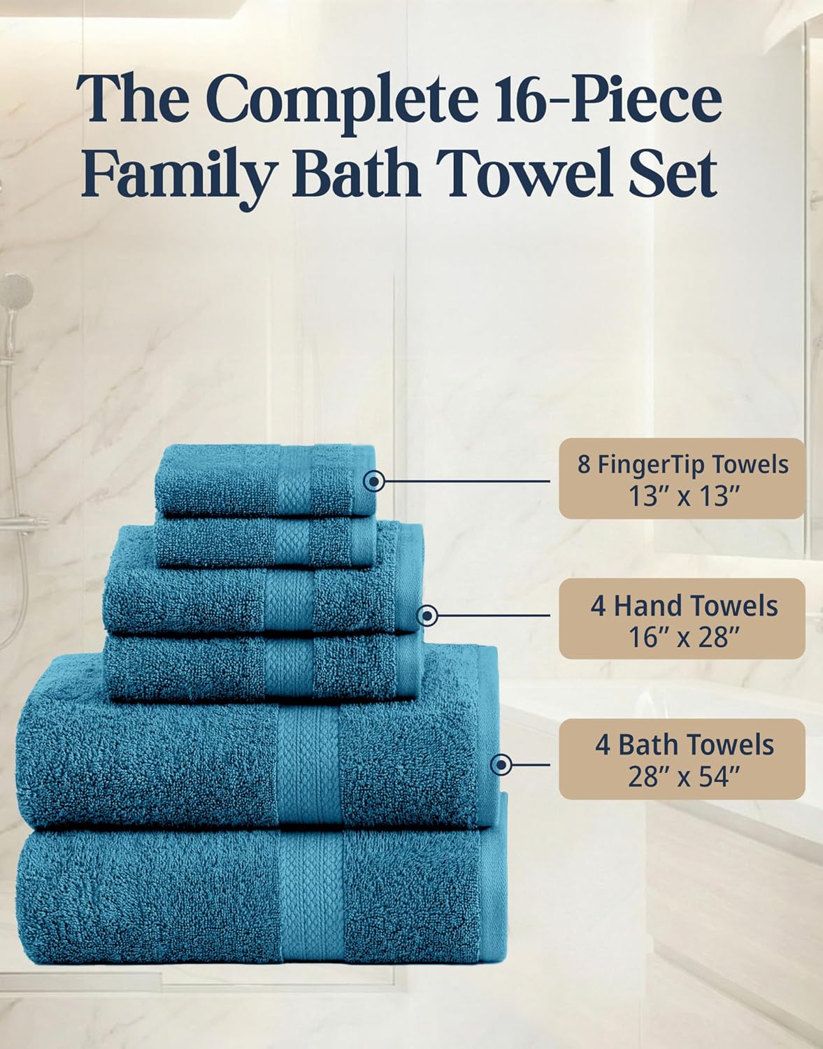 LANE LINEN Bath Towel Set 100% Cotton 16 Piece Soft Absorbent - Sea Port | Bath Towels Large Set -, Terry Weave