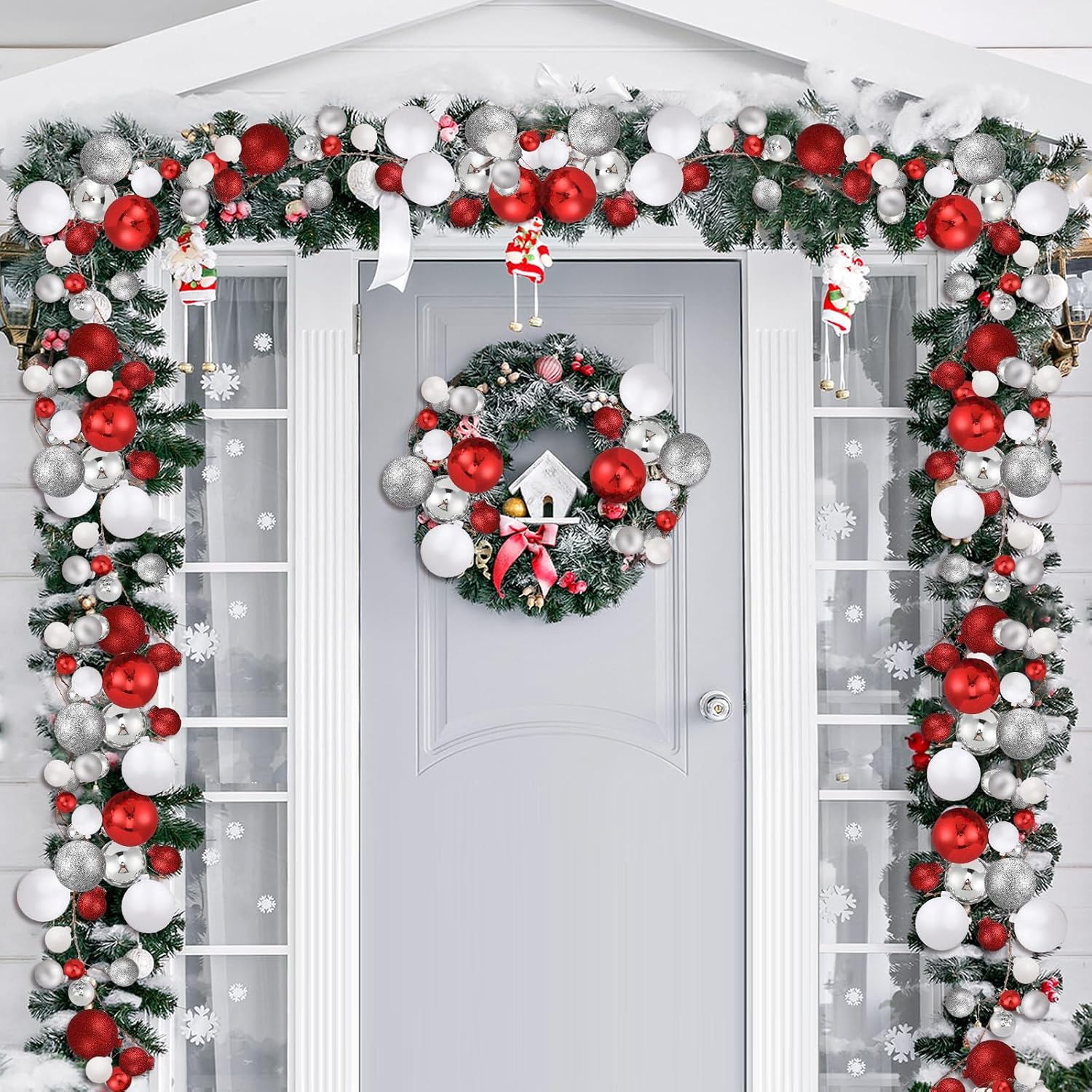 2 Pcs 6 ft Christmas Ball Ornament Garland, Red, White, Silver | Bauble Bulb Christmas Tree Ball Decoration