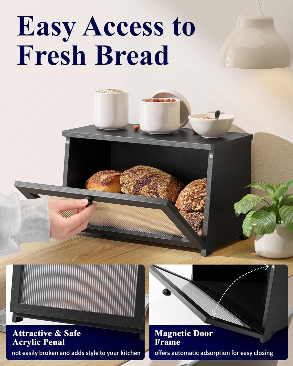 Kitsure Wooden Bread Box for Kitchen Countertop, 1-Tier, Black | Large Capacity Kitchen Countertop Organizer, Stylish