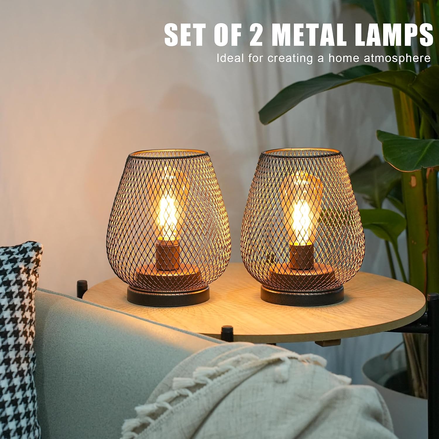 JHY DESIGN Set of 2 Metal Cage LED Lantern Battery Powered Cordless Accent Light with LED and 6-Hours Timer Great for