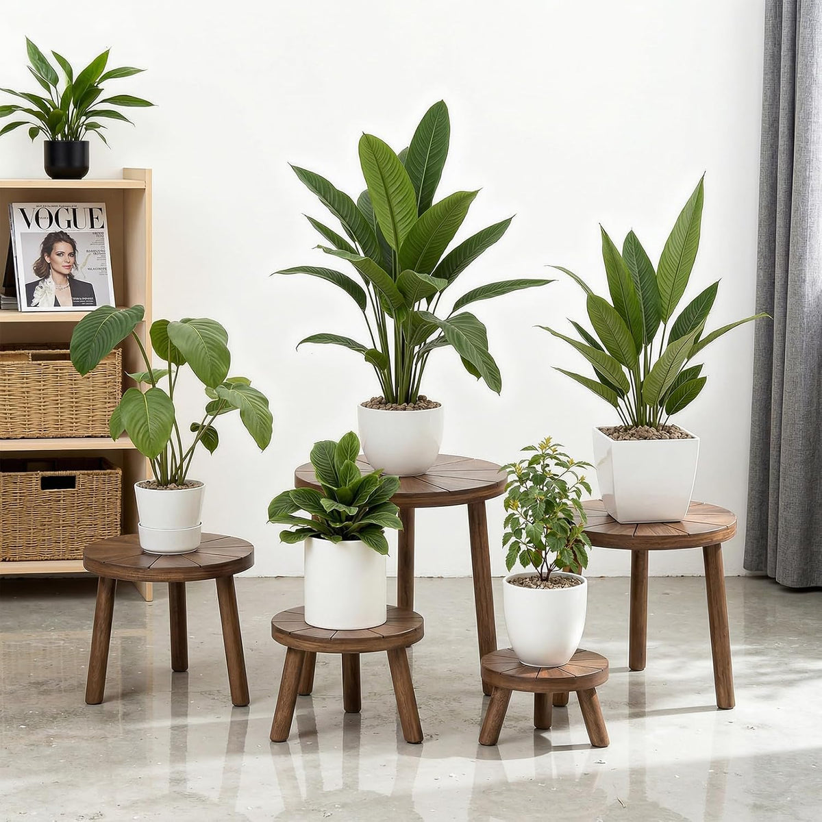 Wood Plant Stands 5-Pack Indoor, Plant Stool, Dark Brown | Premium carbonized pine with moisture-resistant, burr-free