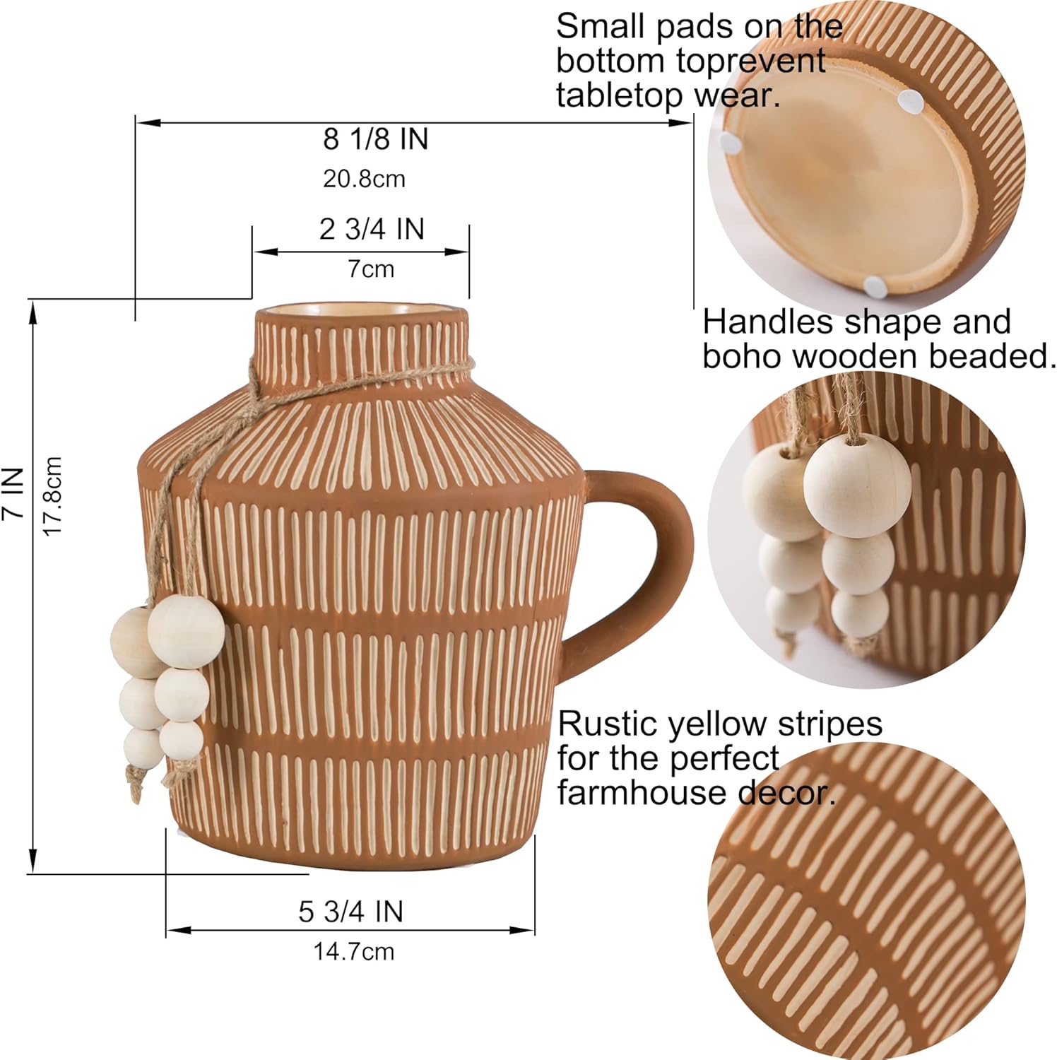 Rustic Farmhouse Vase / Yellow - Wooden Beads