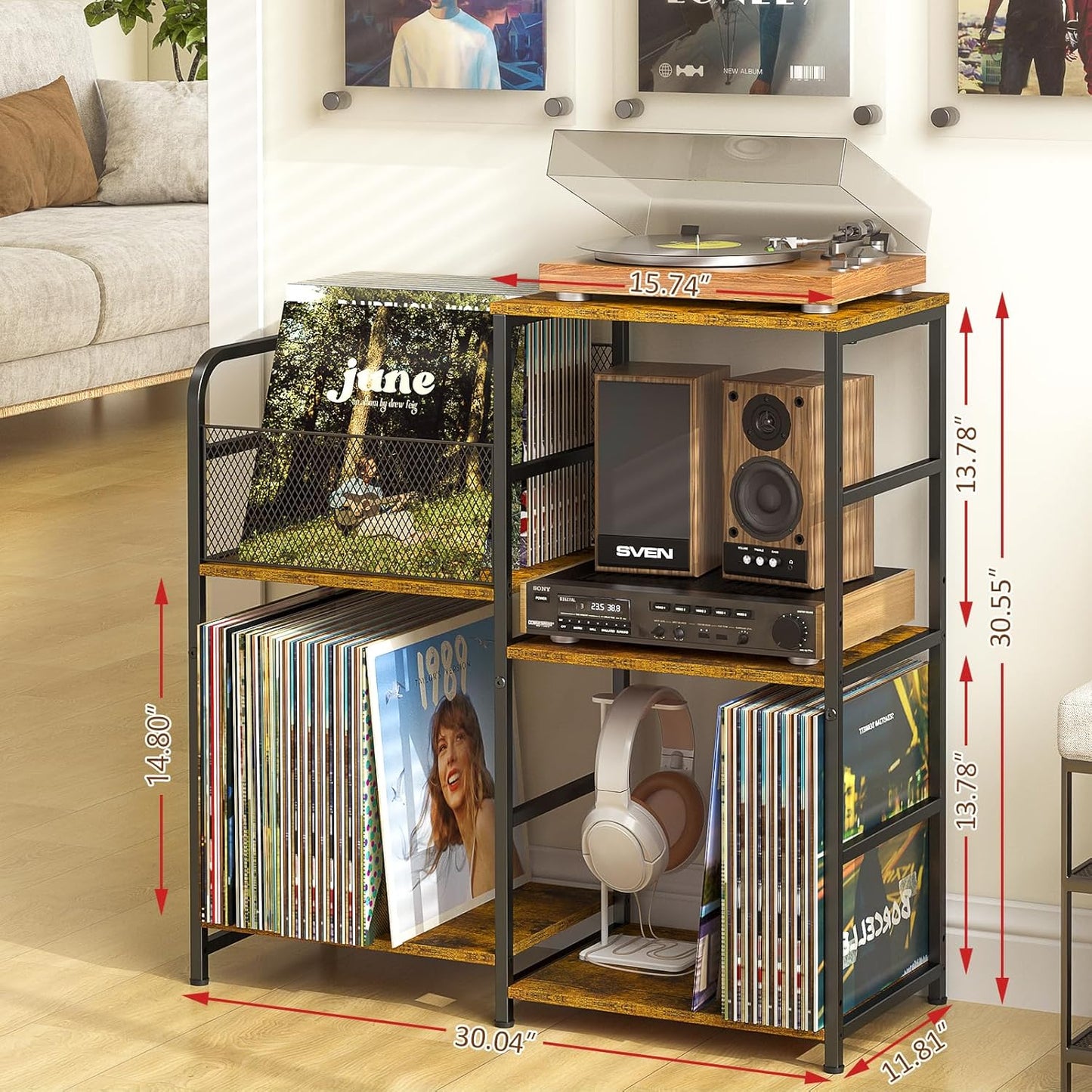 ThreeHio Record Player Stand, Turntable Stand with Vinyl Storage Holds up to 300+ Albums, Storage Cabinet for Vinyl