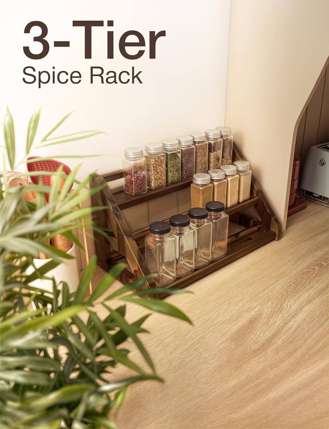 Tinamo Acacia Wood Spice Rack, 3-Tier Spice Rack Organizer for Countertop | Solid Acacia Wood, 3-tier Spacious Design