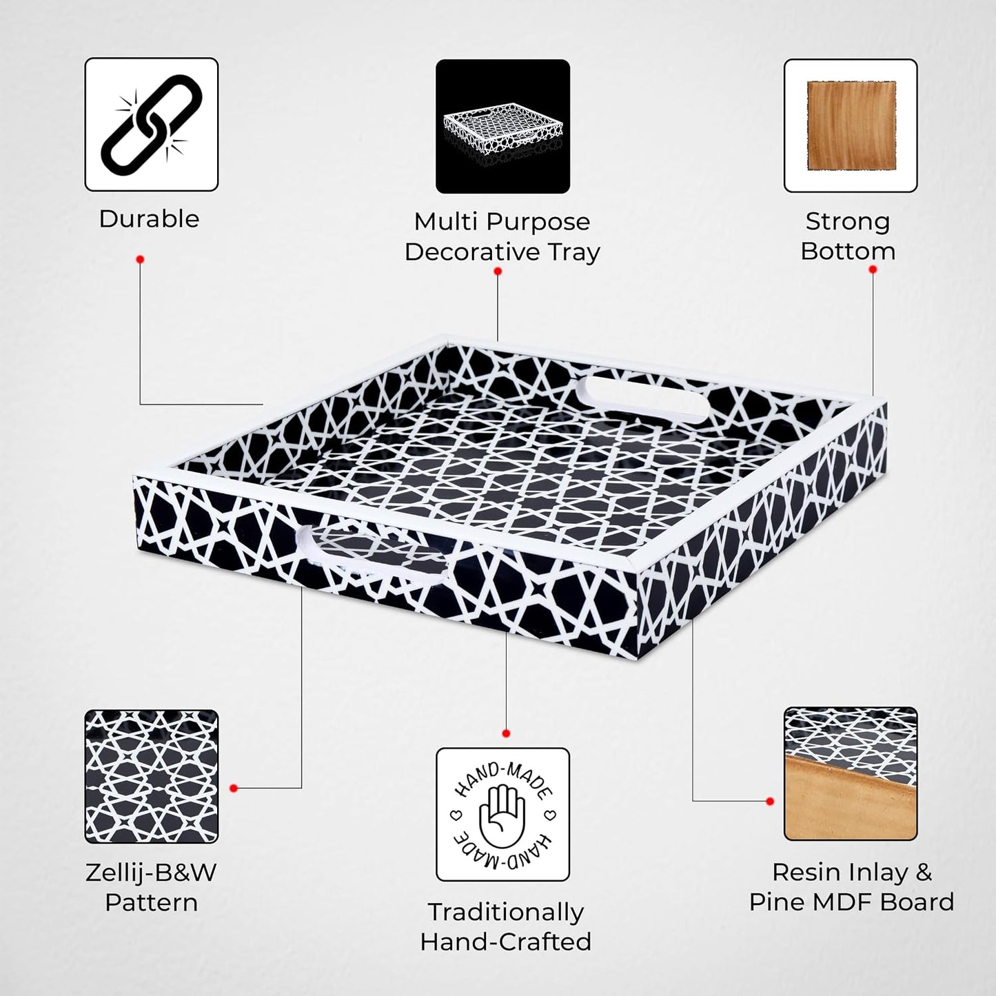 Ottoman Tray / White Zellij Pattern Decorative Tray / 12 x 12 x 2 / Zellij Petit / Black