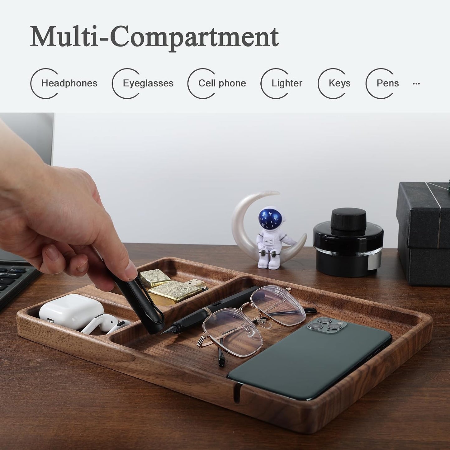 Personalized Walnut Valet Tray – Custom Engraved Wooden Nightstand Organizer, Personalized Gift for Dad Mom Men Women