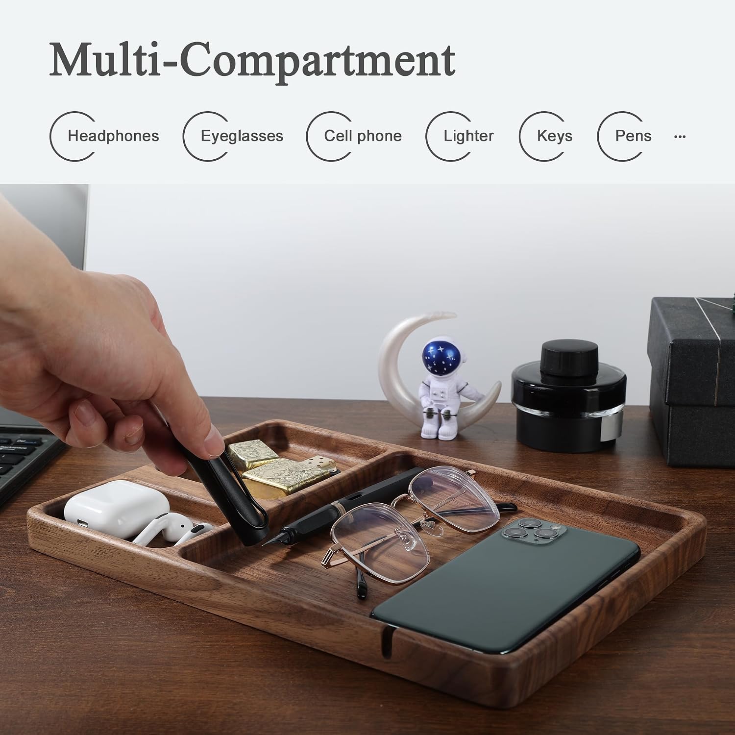 Walnut Wooden Valet Tray – Bedside Table Organizer for Men Dad, Edc Catch All Tray with Cable Slot (11.4 x 7.9 x 0.8