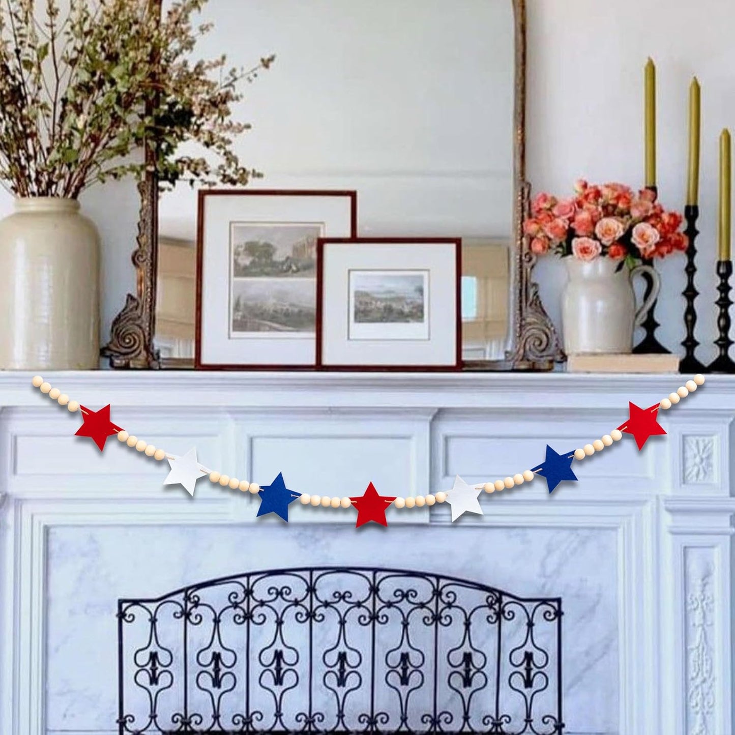 Wood Bead Garland for Mantel Red White Blue Felt Stars / 4th July Banner Red