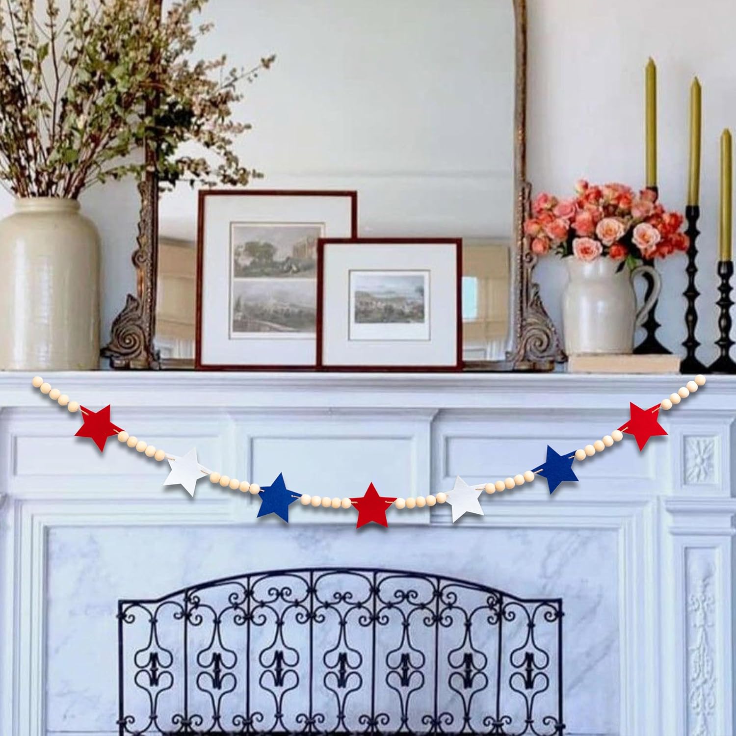Wood Bead Garland for Mantel Red White Blue Felt Stars / 4th July Banner Red