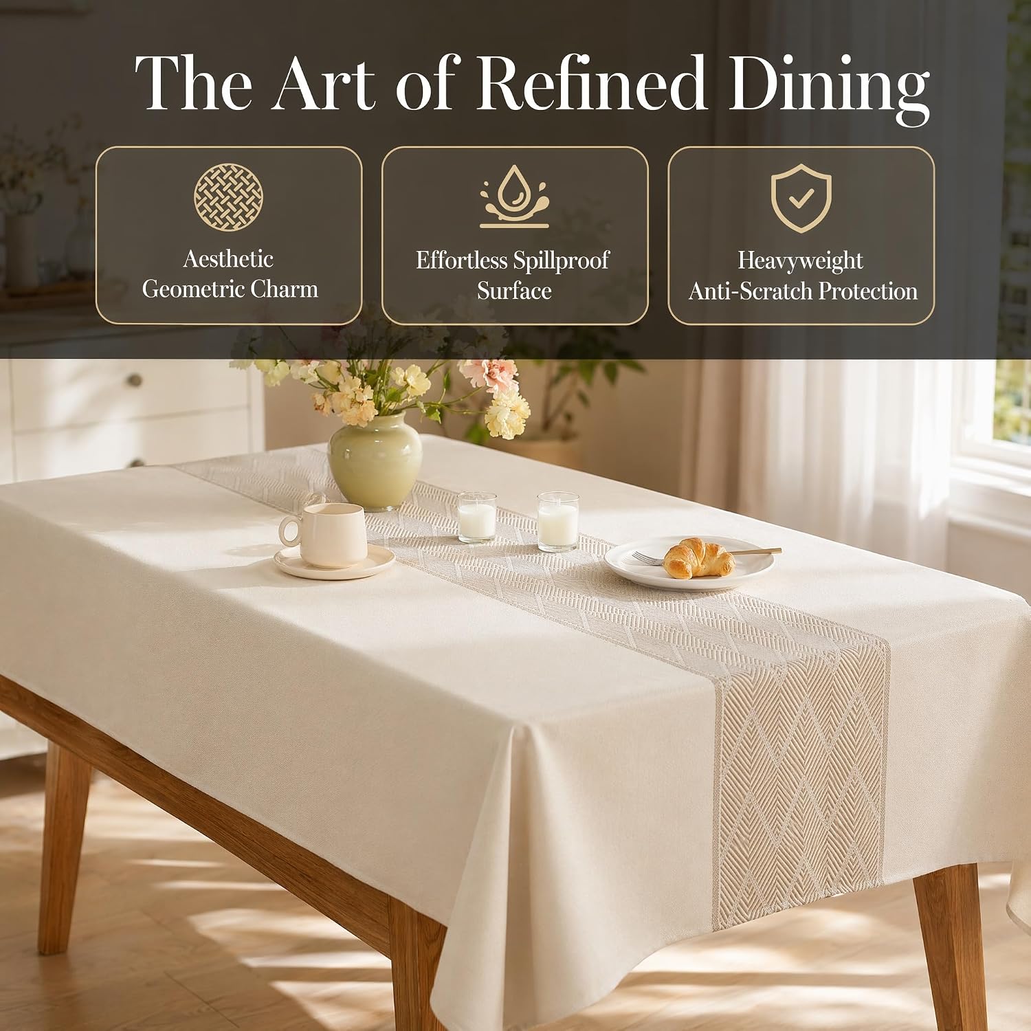 Rectangle Linen Tablecloth Waterproof Spillproof Cloth, 55x70 Inch | Stain Resistant Woven Geometric Runner Design