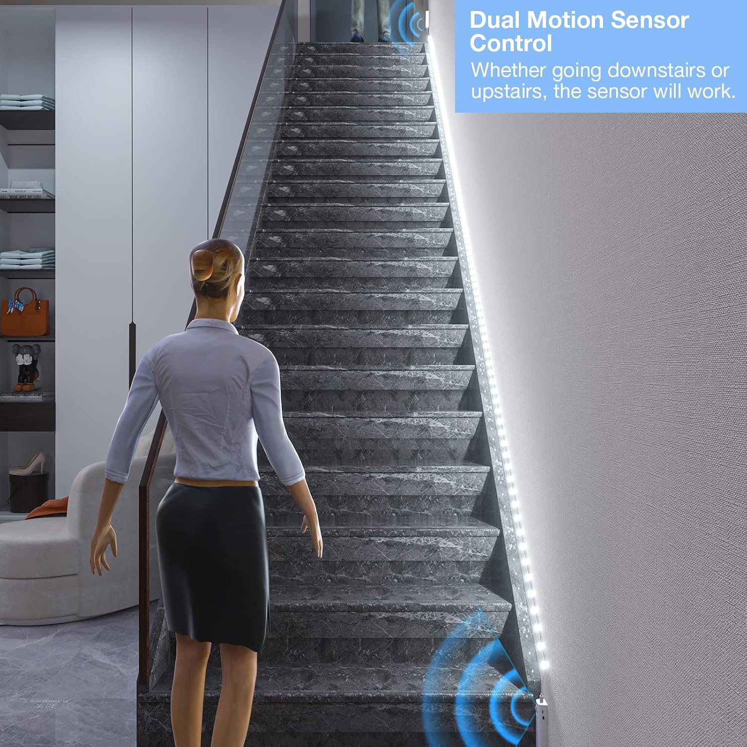 WOBANE 16.4ft Dual Motion Sensor Stair Lights Strip, Rechargeable LED Strip | 150 LEDs Cuttable Tape Lighting for