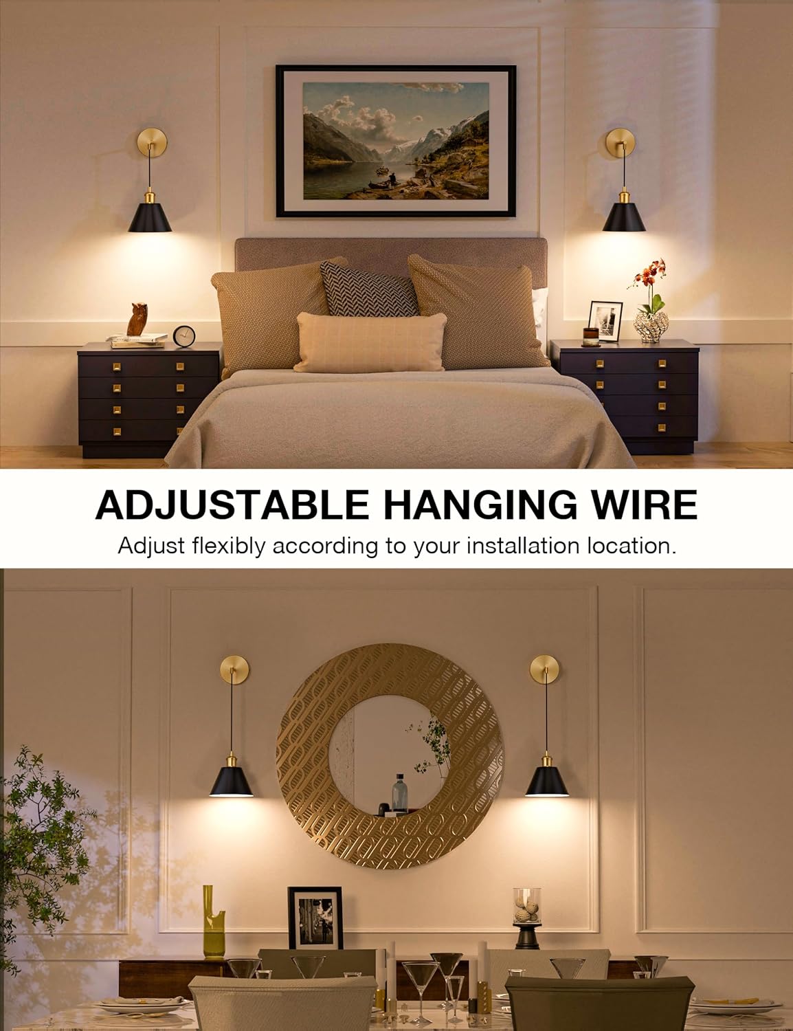 Gold & Black Battery Operated Wall Sconce Set of 2, 5200mAh Dimmable Detachable Bulbs and Remote Wireless Rechargeable