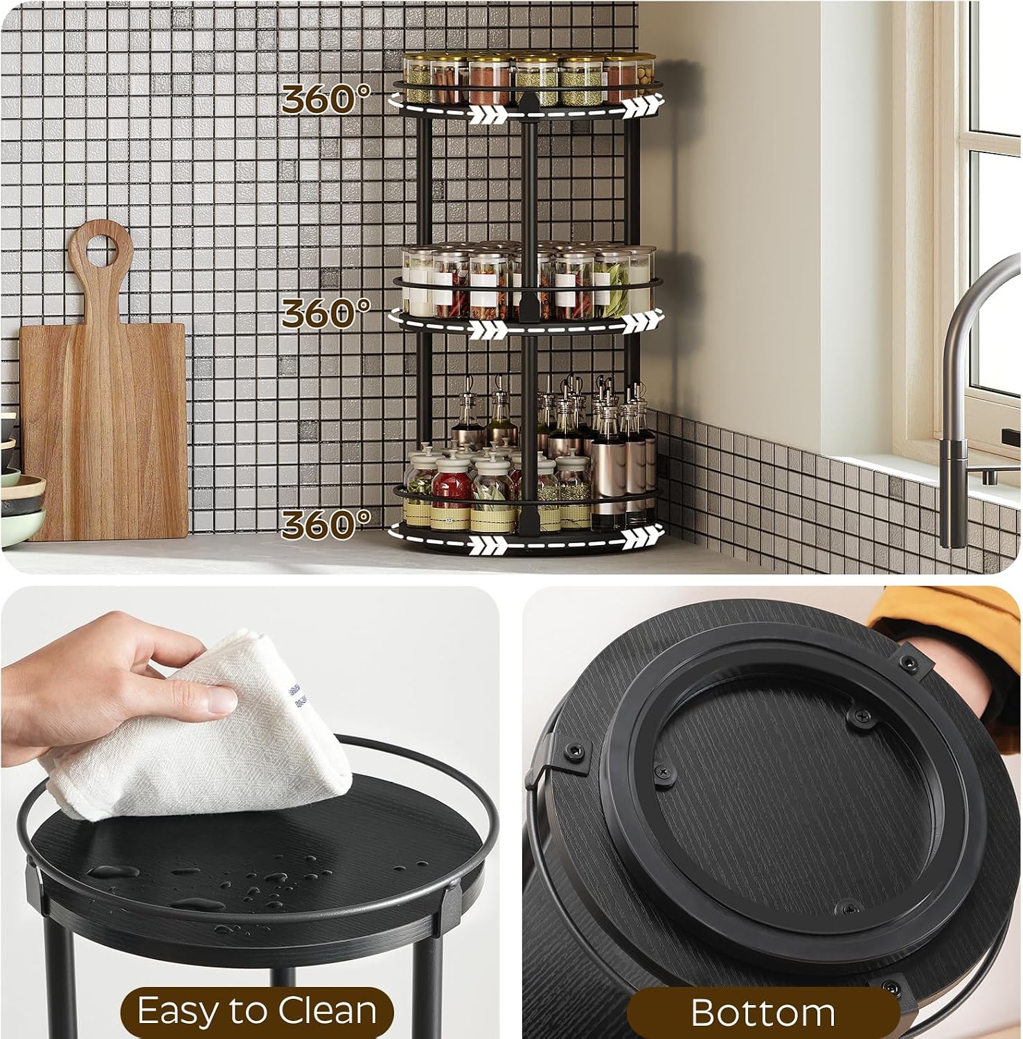 3-Tier Lazy Susan Organizer, Rotating Spice Rack, Spinning Organizer, Industrial Turntable Spice Rack Organizer for