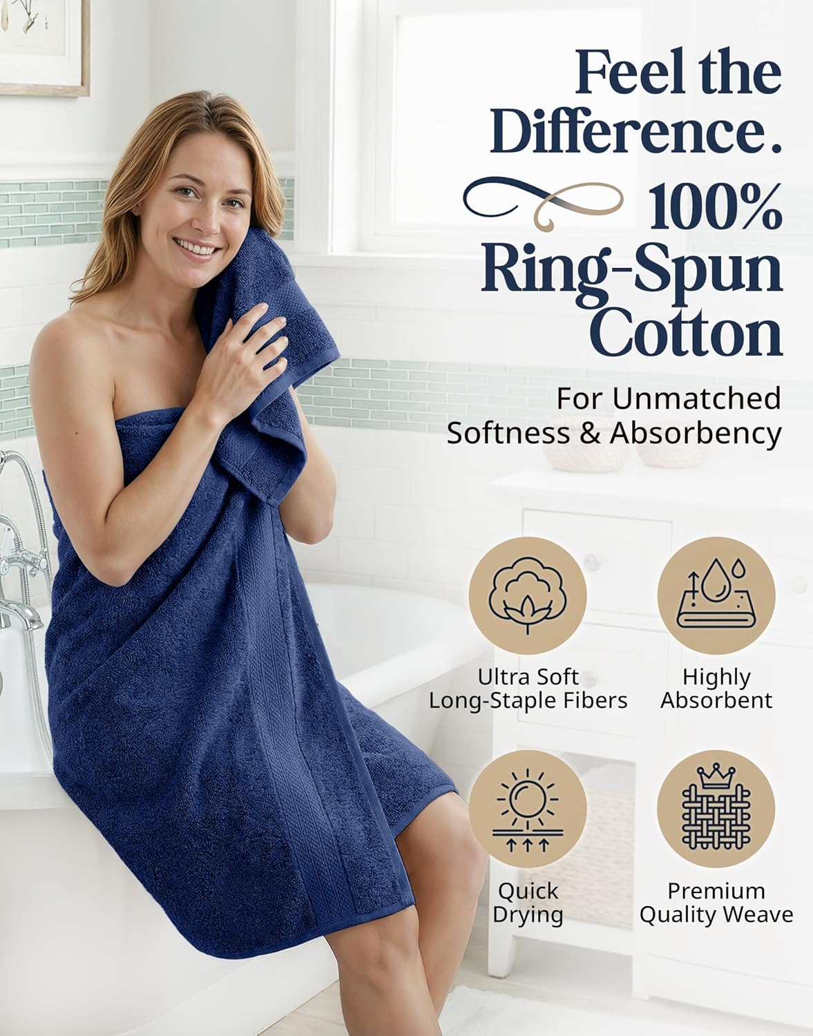 LANE LINEN Bath Towel Set Absorbent Quick Dry 100% Cotton 6 Piece - Navy | Cotton Towels For Bathroom - OEKO-TEX