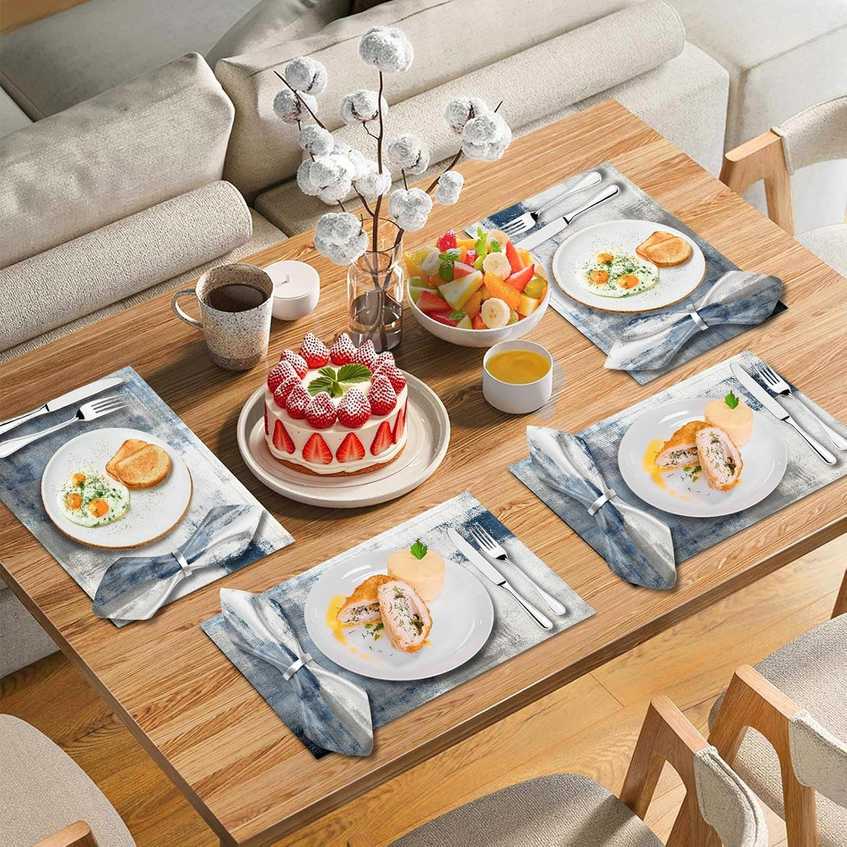 MCALK 4 Each Blue Placemats and Cloth Napkins Set of 8, Modern Abstract Art Painted Placemat for Home Kitchen Decor