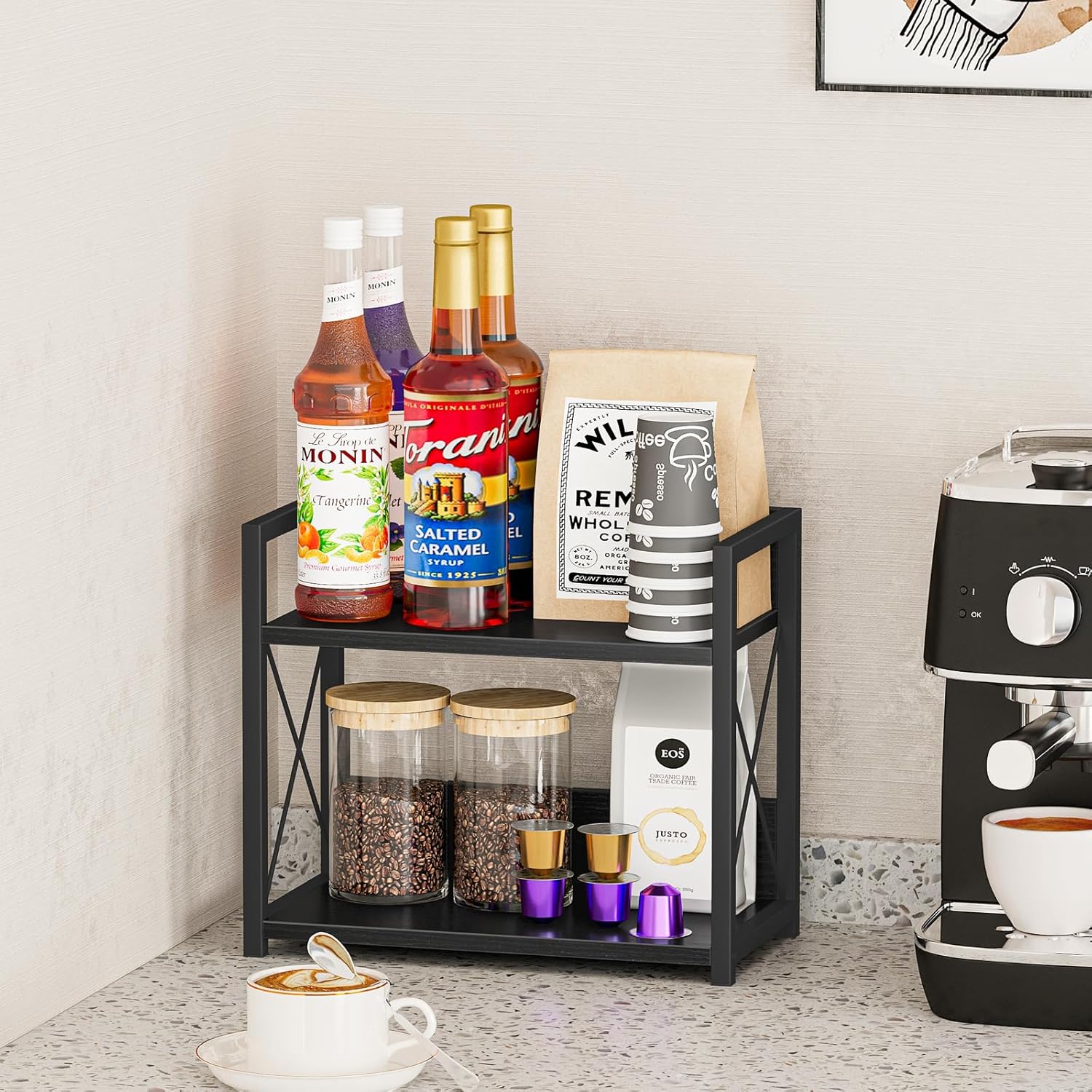Giikin Kitchen Counter Shelf, 2 Tier Kitchen Spice Rack Organizer for Countertop, Wood Coffee Bar Organizer for Home