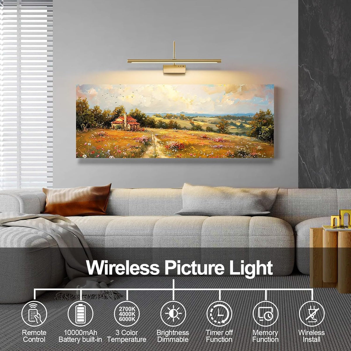 Battery Operated Picture Light with Remote, 24 inch Wireless Rechargeable Art Light with Timer, Dimmable 3CCT Gallery