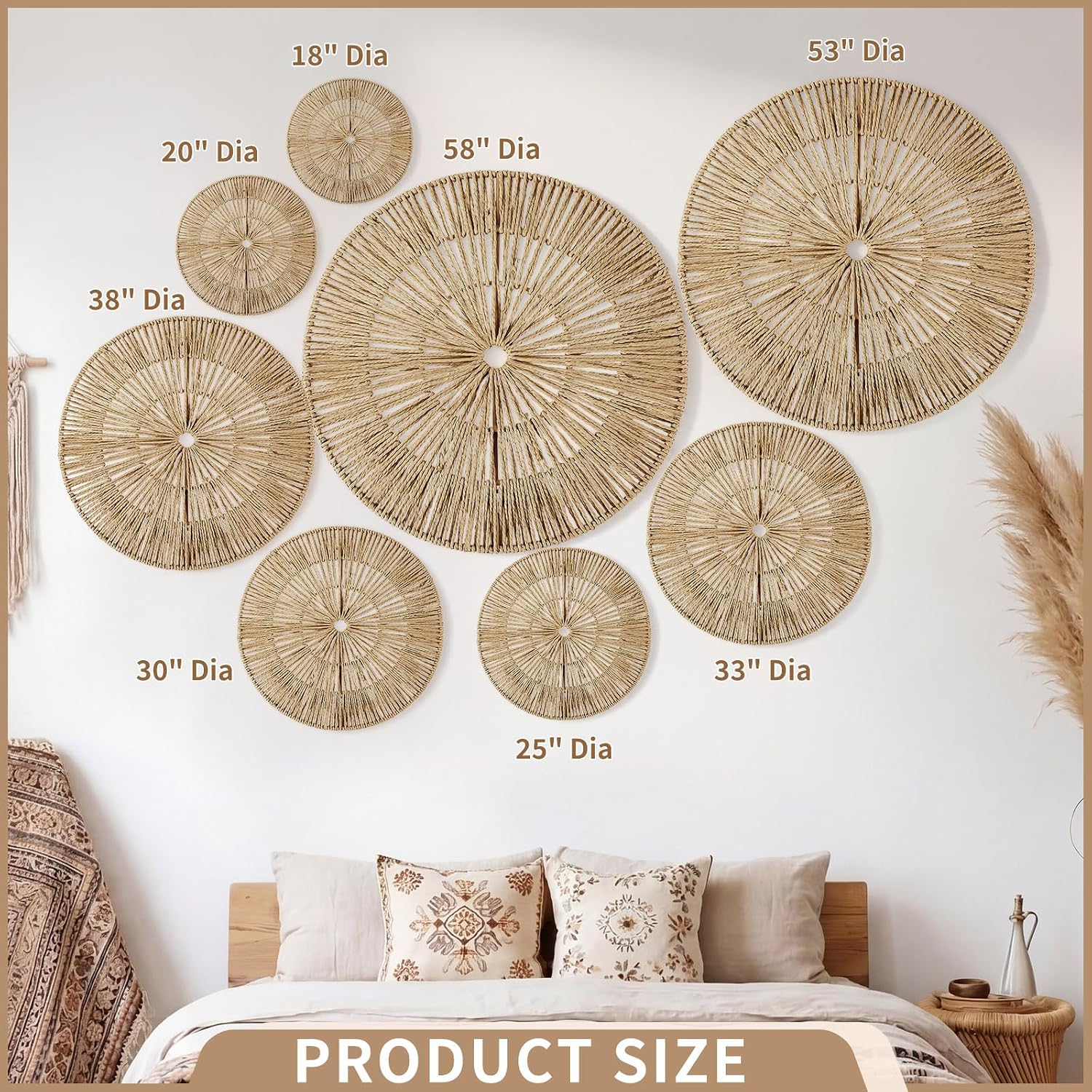 Boho Wall Baskets Decor Large Hanging Woven Wicker Wall Art 23 / Set of 8