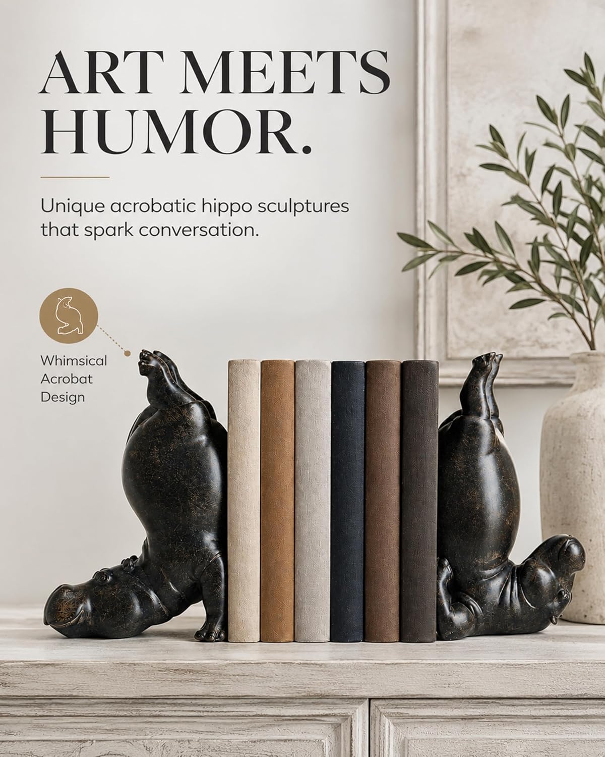Heavy Resin Acrobatic Hippo Bookends Ends Book Ornament Creative Hippo Notebook Holder / Black