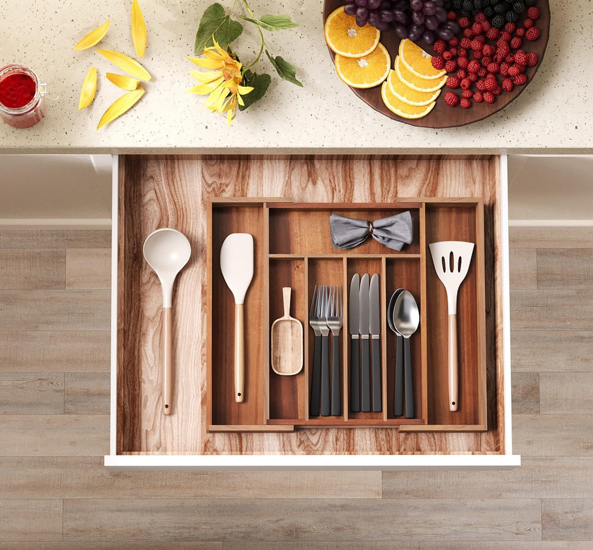 Fibogollo Expandable Kitchen Drawer Organizer,Acacia Wood Silverware Organizer,Adjustable Flatware Tray for