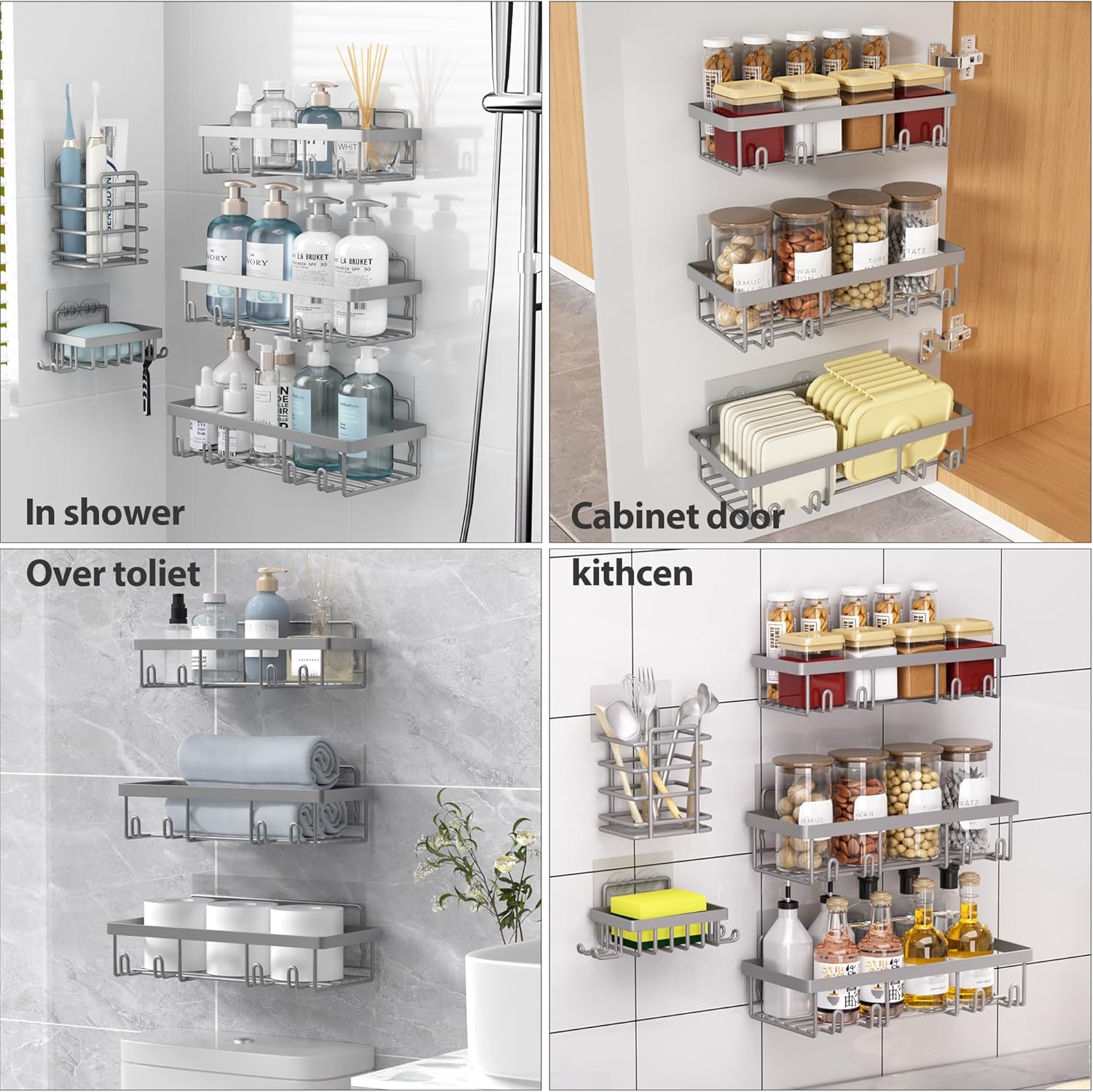 Self Adhesive Bathroom Wall Storage Basket Rustproof / Grey / Set of 5
