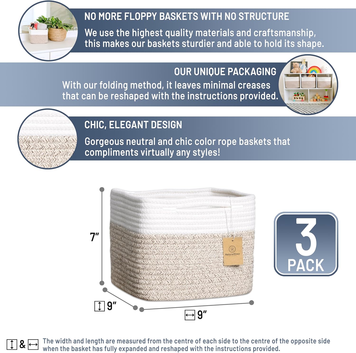 Storage Cubes "Cotton Rope Woven Baskets / Off White & Mixed Brown / 9 x 9 x 7 / Set of 3