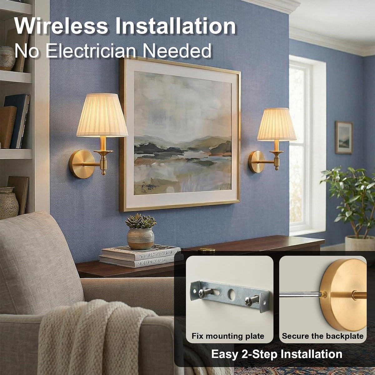 Battery Operated Wall Sconce Set of 2, Gold Wireless Wall Lights with 3 CCT Color Temperature & Dimmable Magnetic Bulb