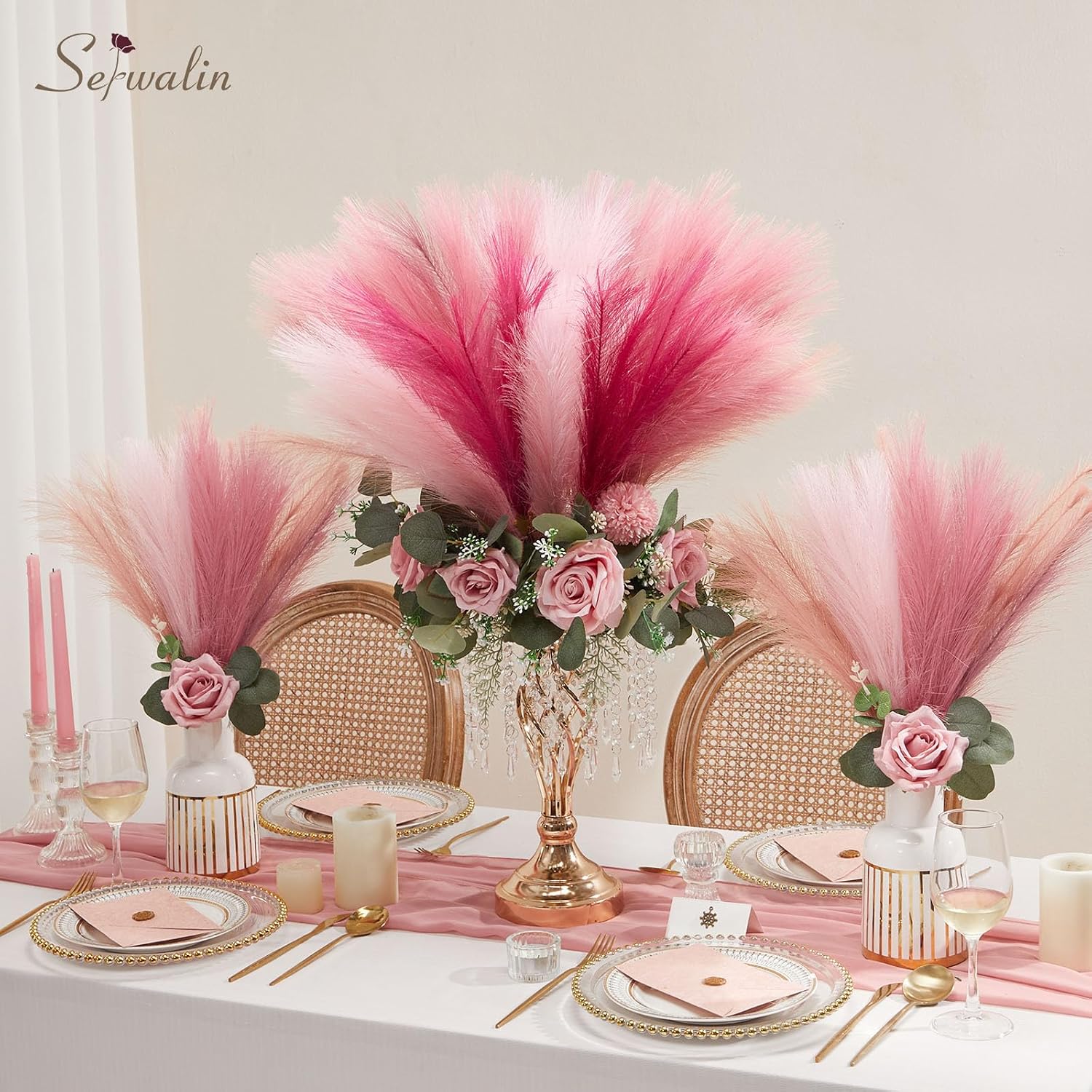 Artificial Pampas Grass / A Abby Hot Pink & Blush & Pink / 17 Inch / 17.7 Inch / Set of 6