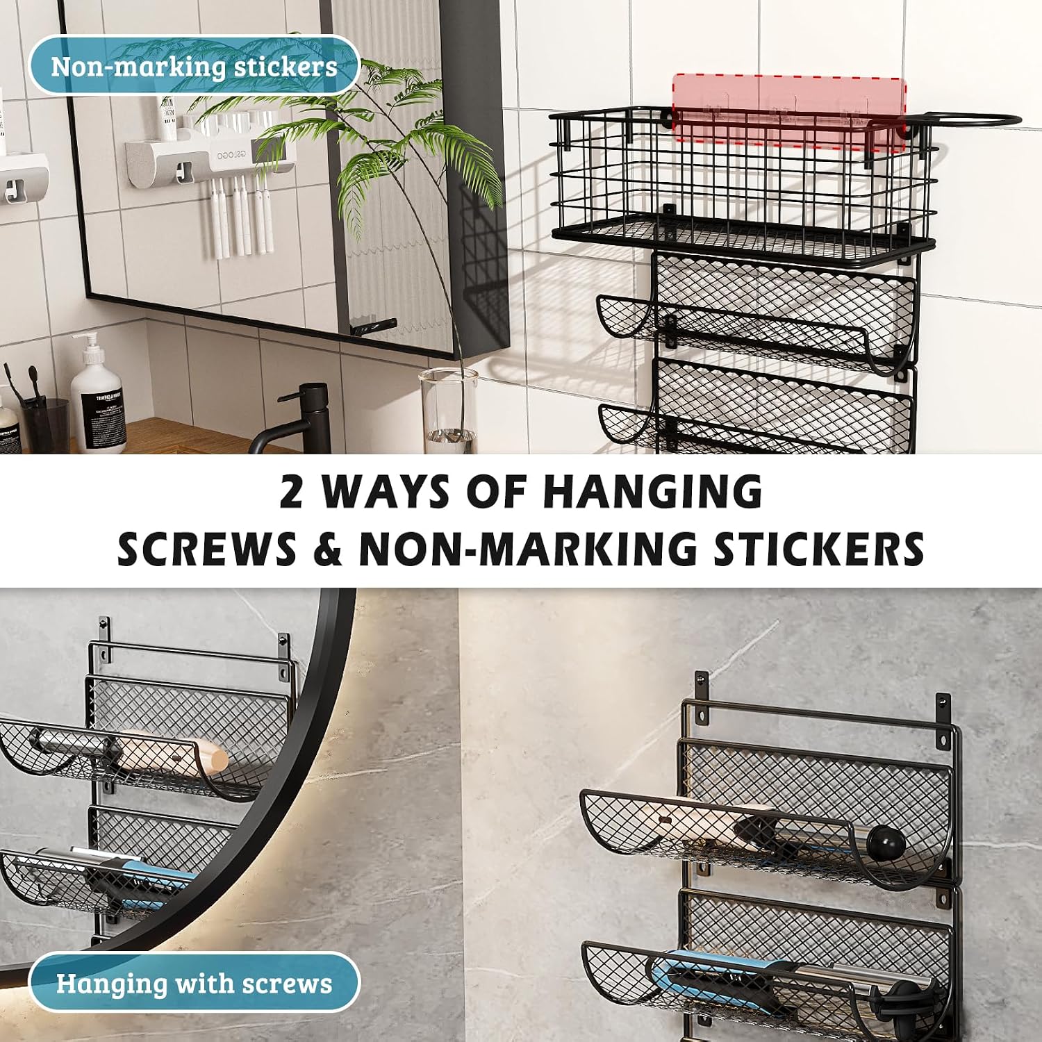 Wall-Mounted Hair Dryer Holder Styling Tool Organizer 4-Shelf Storage Wire Basket with Hook Heat Safe Rack for