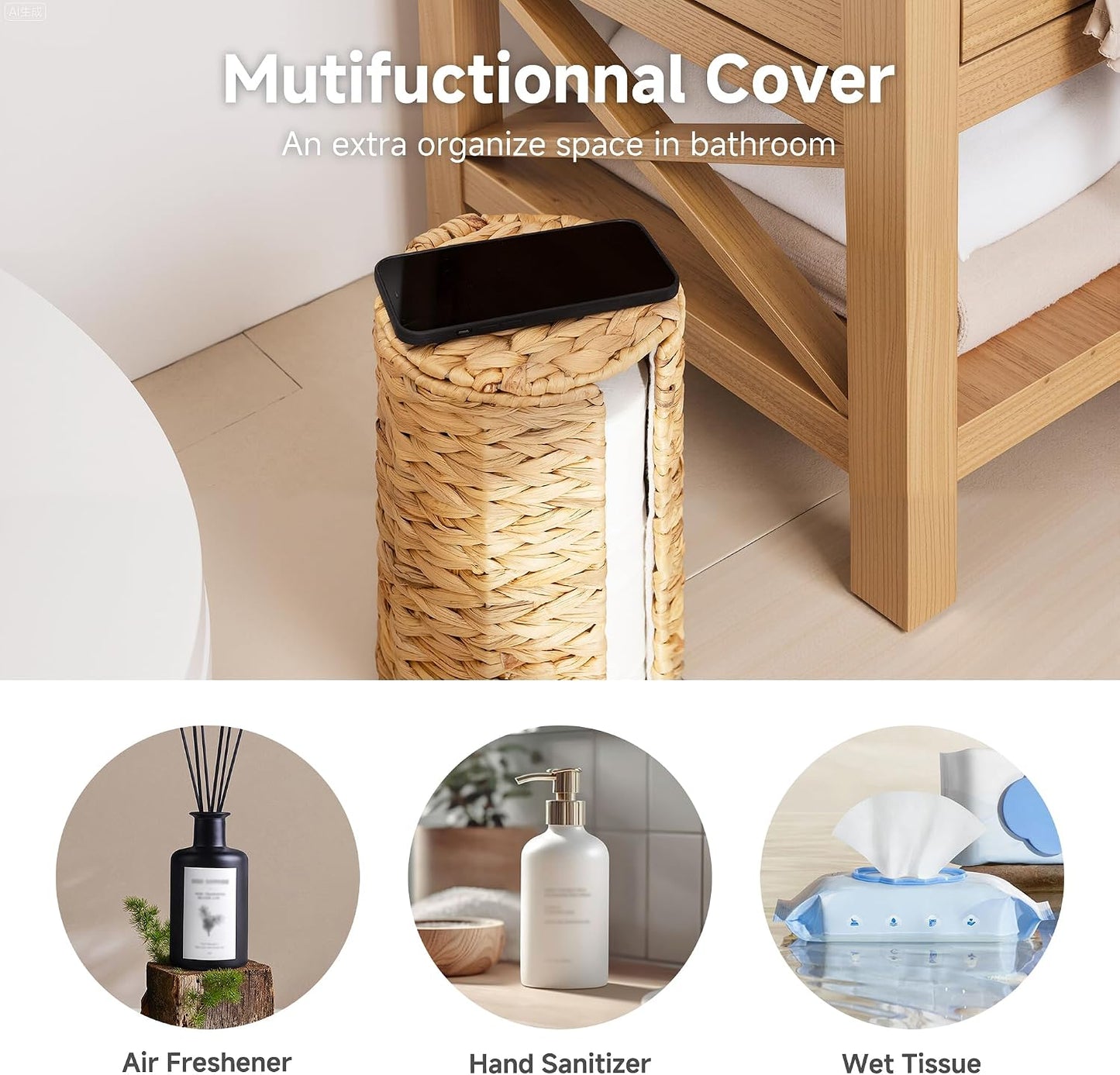 StorageWorks Water Hyacinth Free Standing Toilet Paper Holder Stand for Bathroom, 3 Rolls of Toilet Tissue Storage with