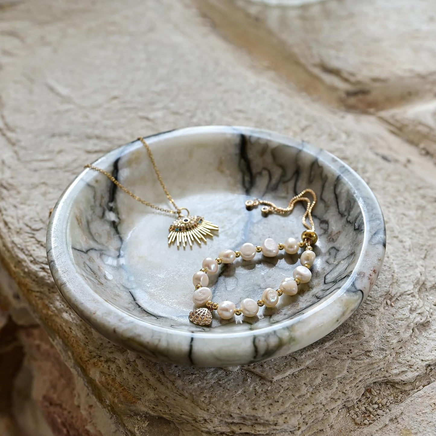 Marble Ring Dish Jewelry Tray / Cold Emerald / Natural