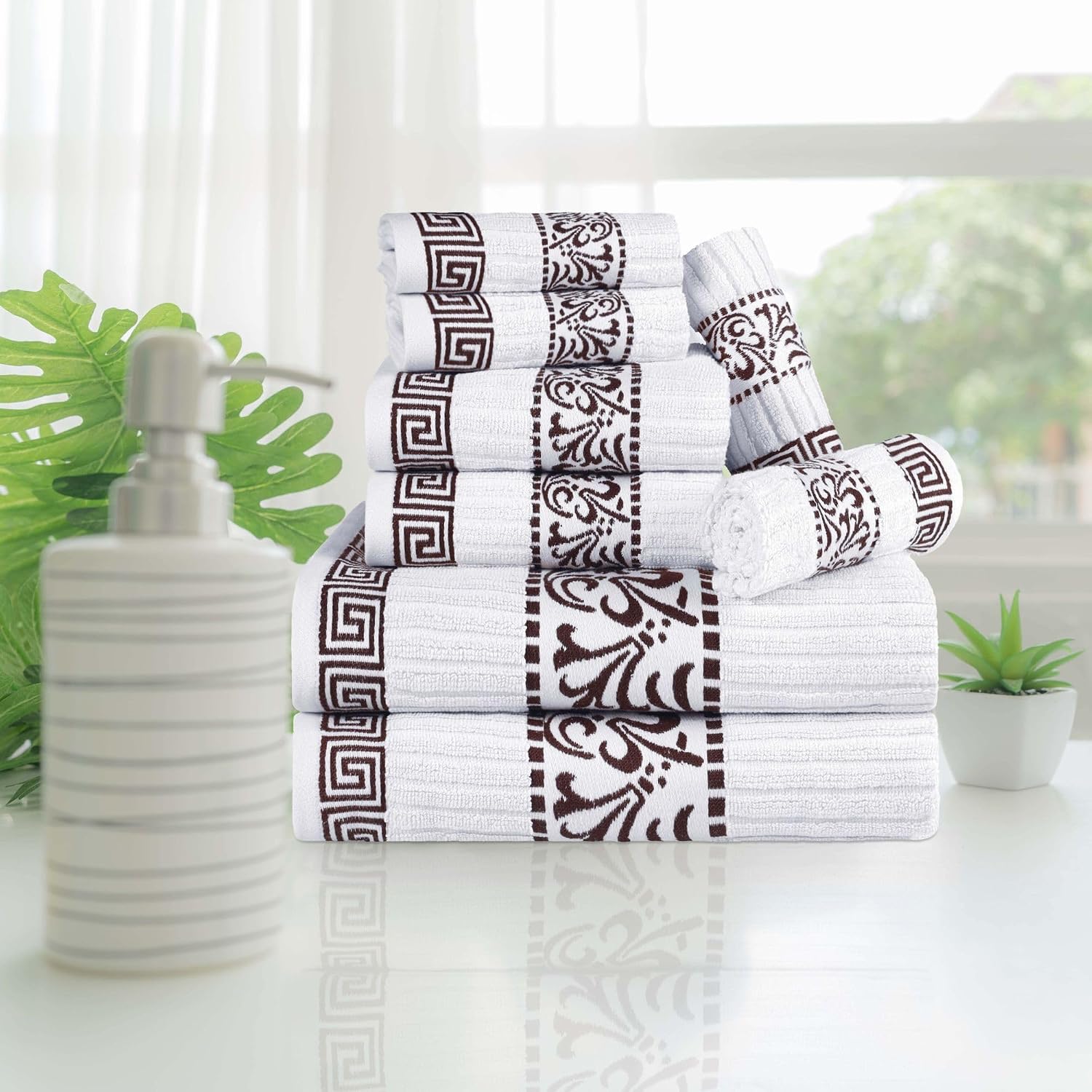 Superior 8-Piece Cotton Towel Set, Decorative Greek Pattern, Home Essentials, Absorbent Towels, Decor for Bathroom