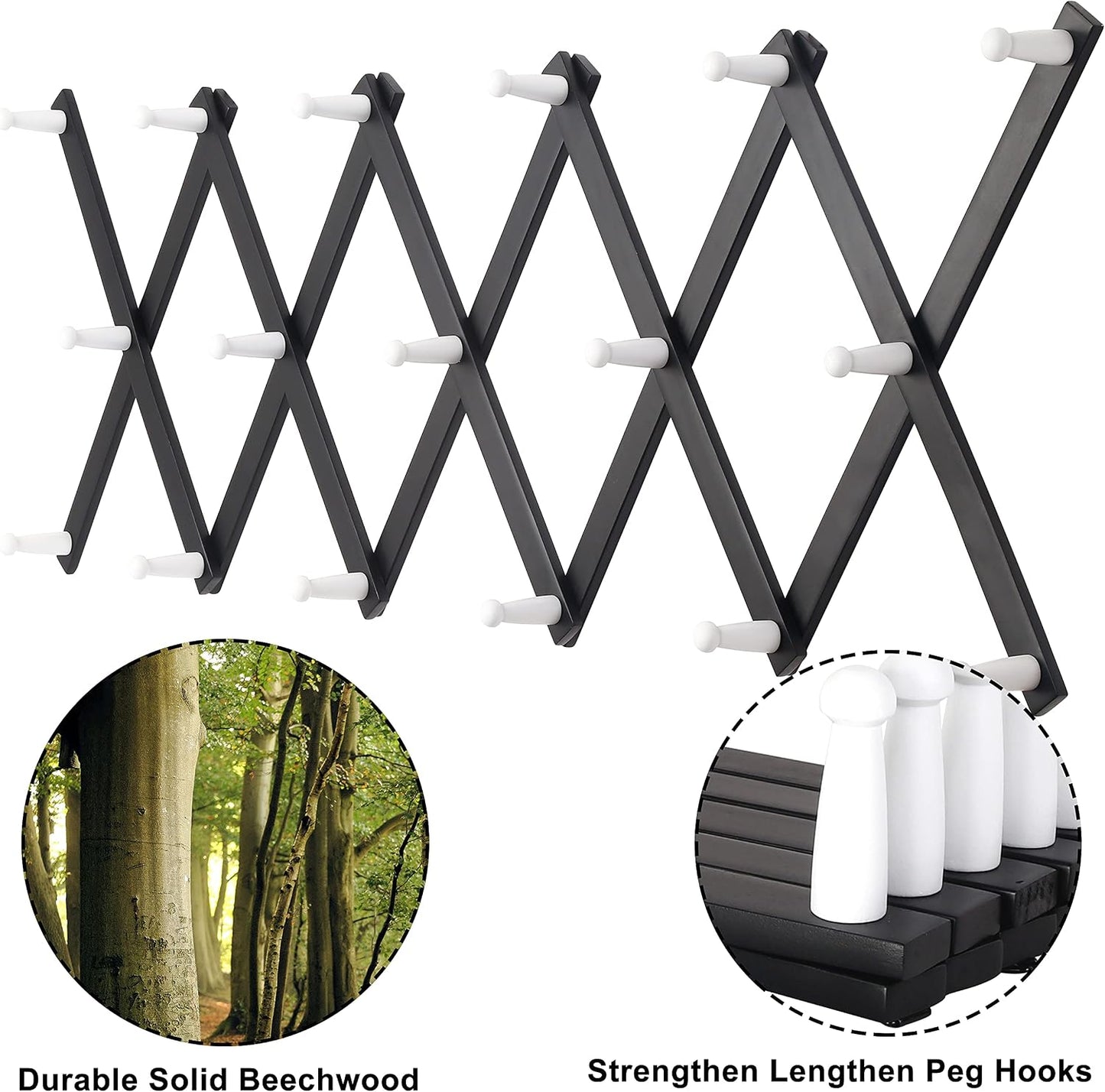 Accordian Wall Hanger: 16” High Wooden Wall Expandable Coat Rack, Hat Rack Holder, Accordion Hook for Baseball Caps