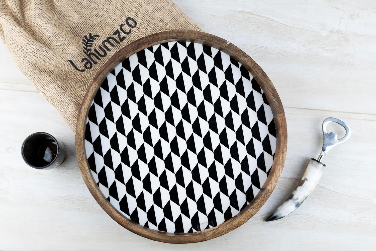 Wooden Round Serving Tray / Black and White Geometric / 12 x 12 / Set of 12