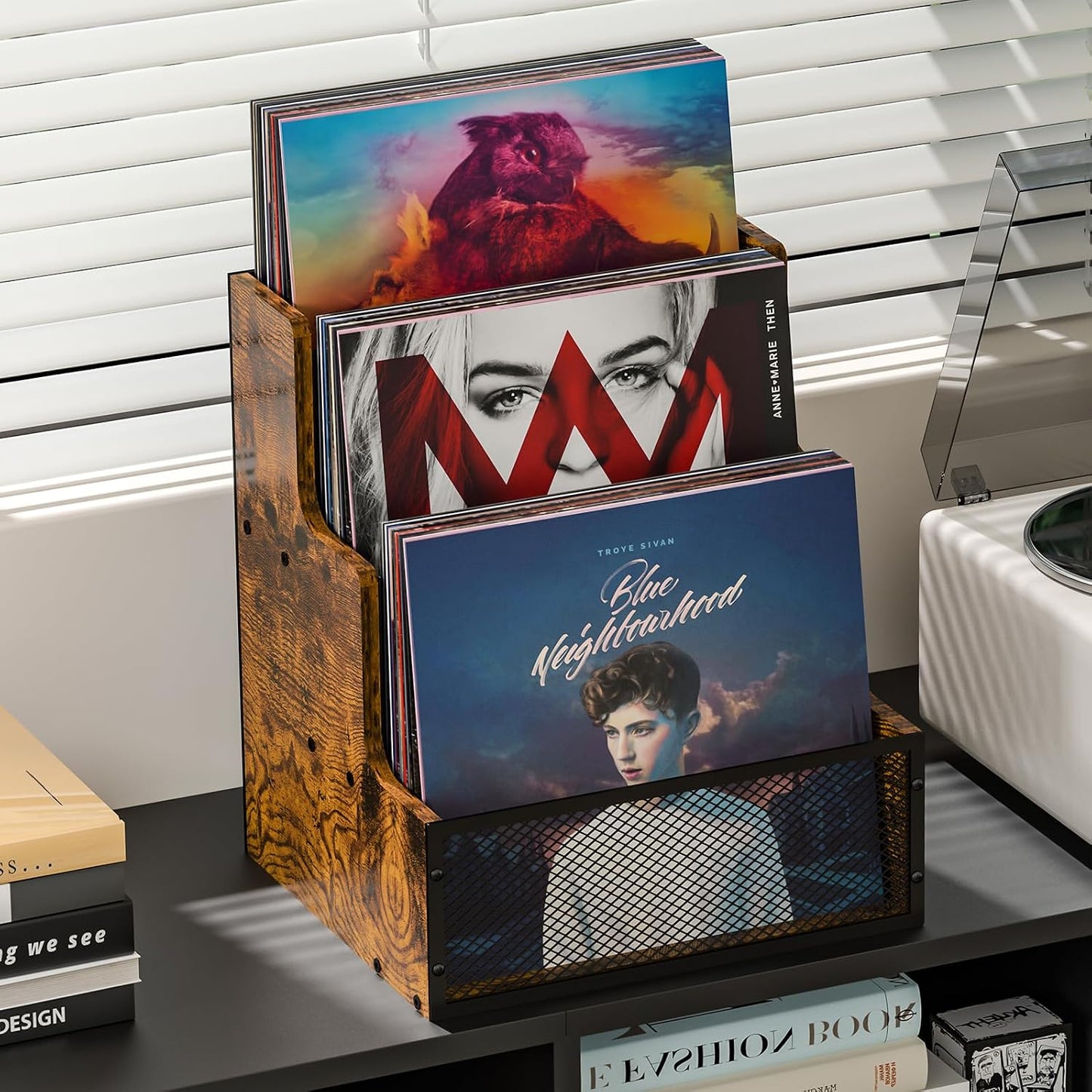 3-Tier Vinyl Record Storage Crate, Holds 60+ LP Albums, Retro Wood & Metal | Stepped Vinyl Record Holder, Desktop Album