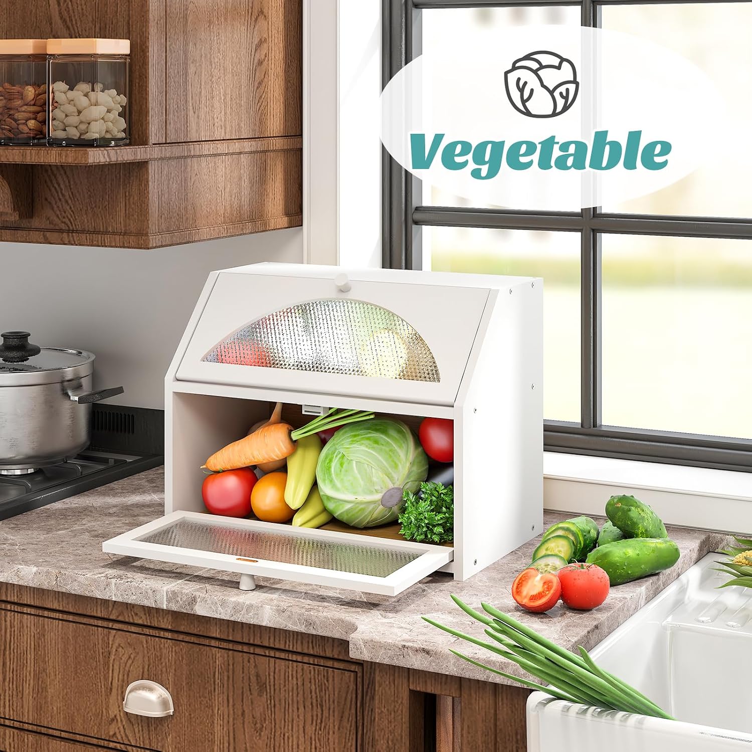 White Bread Box, Bamboo Wood Bread Box for Kitchen Counter, Double-layer Bread Storage Bin, Acrylic glass with Diamond
