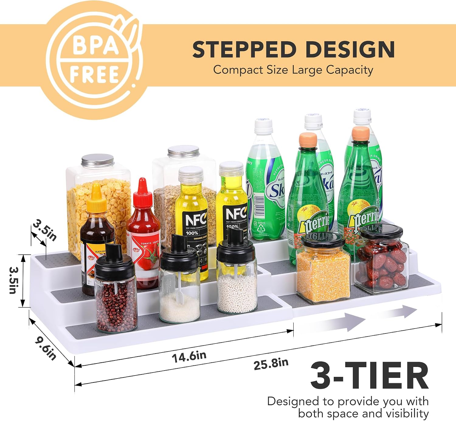 CiWiVOKi 3 Tier Expandable Spice Rack Organizer, Plastic Spice Rack, Adjustable Length 14.6In-25.8In, Non-Skid Tiered