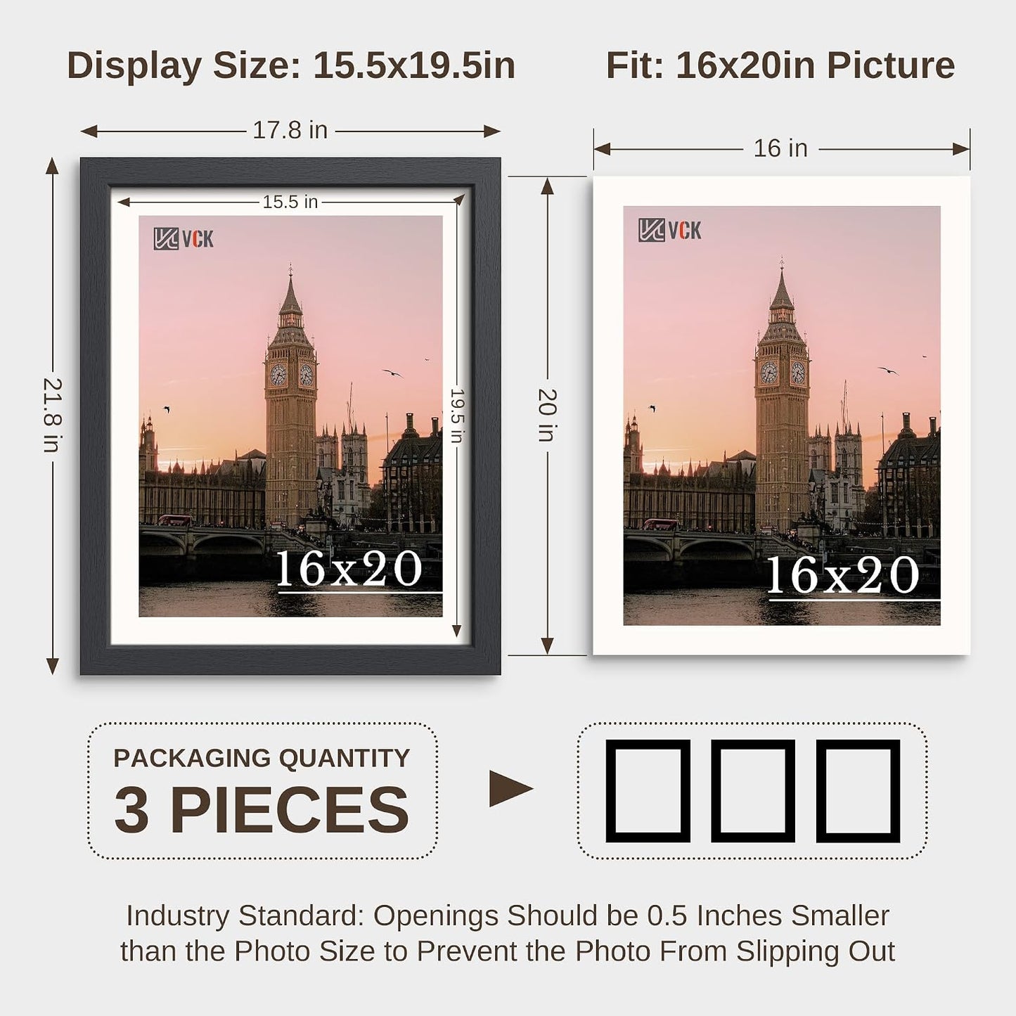 VCK 16x20 Frames 3 Pack, Black Solid Wood 16 x 20 Picture Frame, Wall Mounting Horizontal & Vertical Display