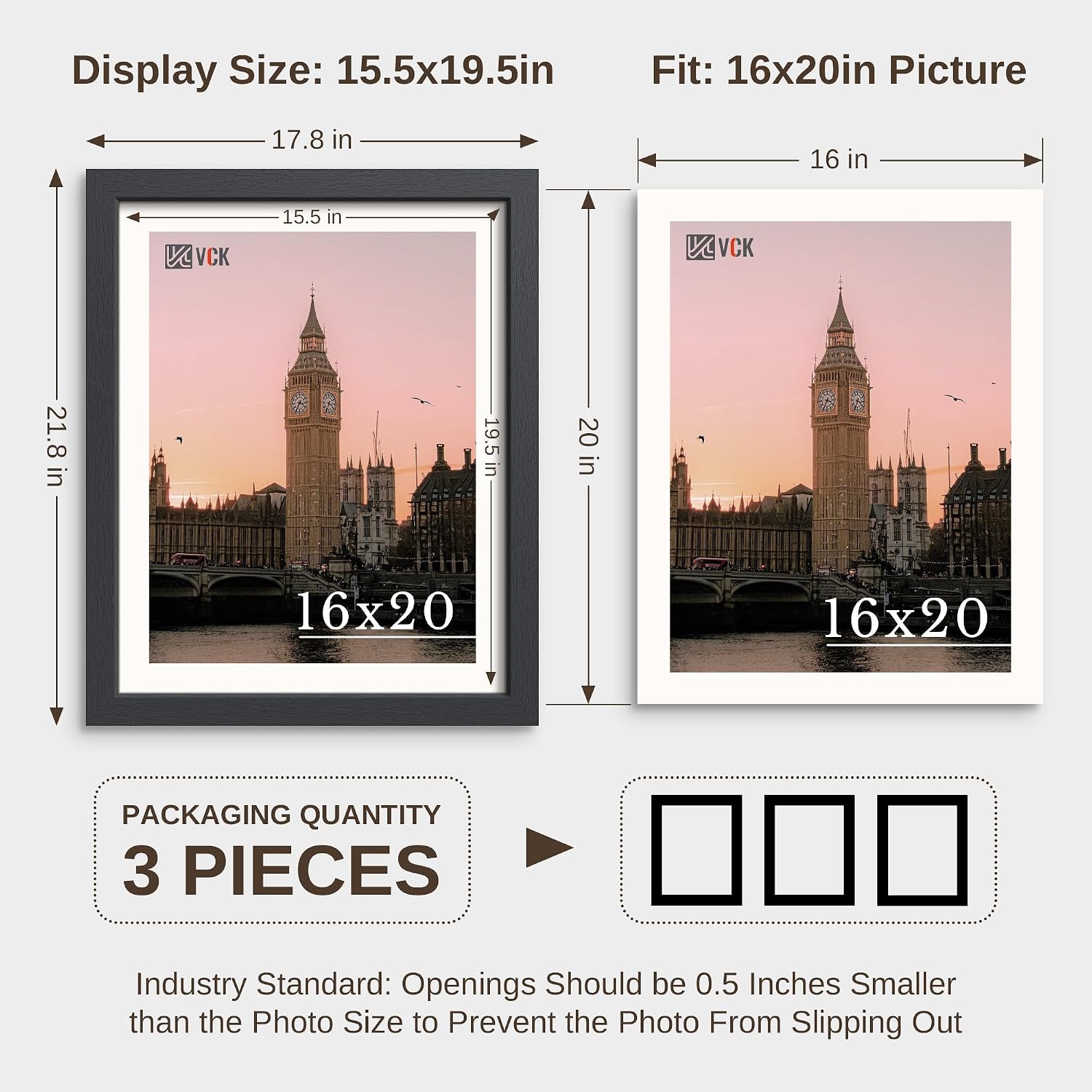 VCK 16x20 Frames 3 Pack, Black Solid Wood 16 x 20 Picture Frame, Wall Mounting Horizontal & Vertical Display
