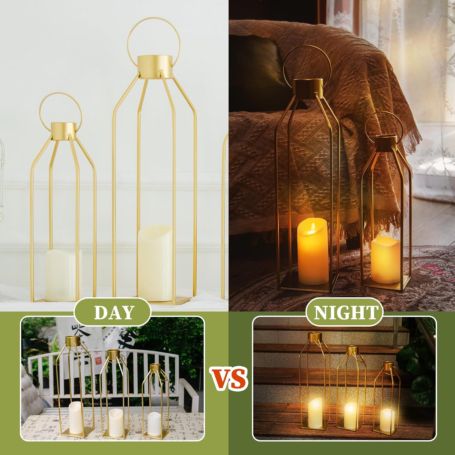 HPC DECOR Modern Farmhouse Lantern Decor- 22''19''16''Tall Large Gold Metal Candle Lanterns for Home Decor-Lanterns
