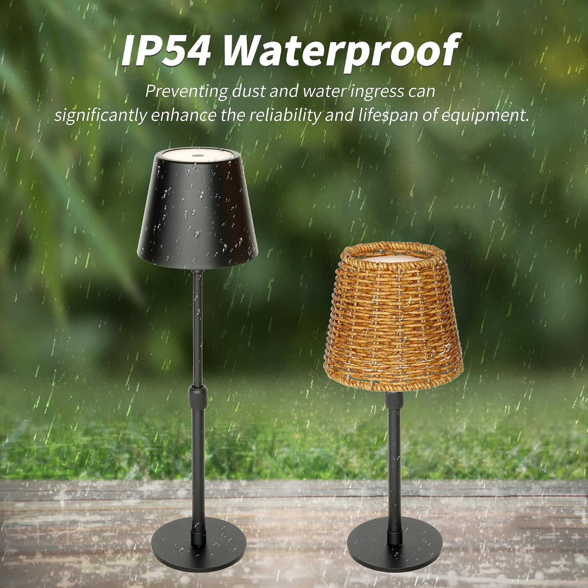 Mr.White Outdoor Waterproof Rechargeable Cordless Table Lamp with Telescopic Pole & Wicker Shade, 5200mAh Battery